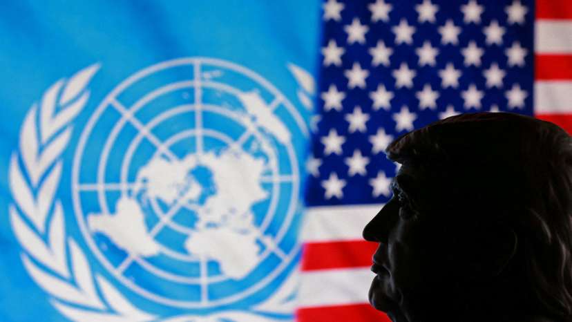 FILE PHOTO: Illustration shows 3D-printed miniature of U.S. President Donald Trump, U.S. flag and UN logo