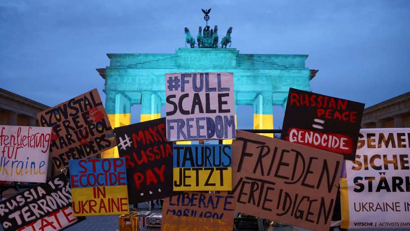 FILE PHOTO: The Brandenburg Gate in Berlin is illuminated with an Ukrainian flag, in Berlin