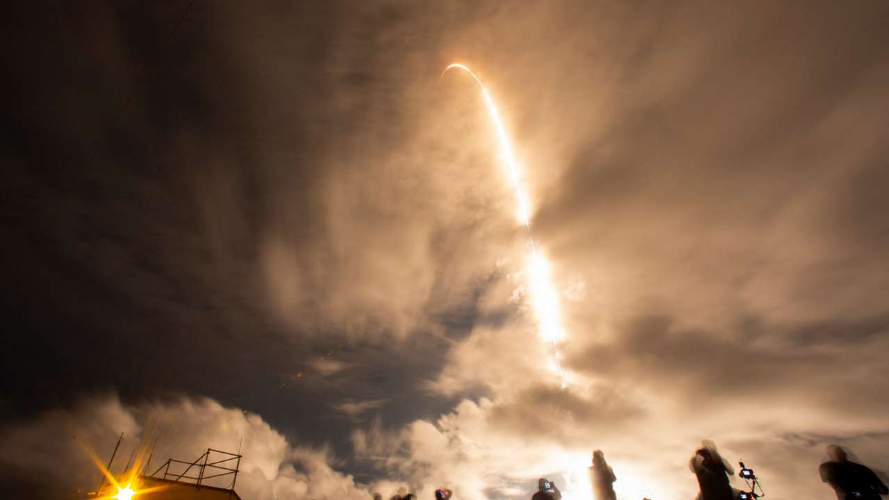 A SpaceX Falcon 9 rocket lifts off with Polaris Dawn, a private human spaceflight mission, in Cape Canaveral