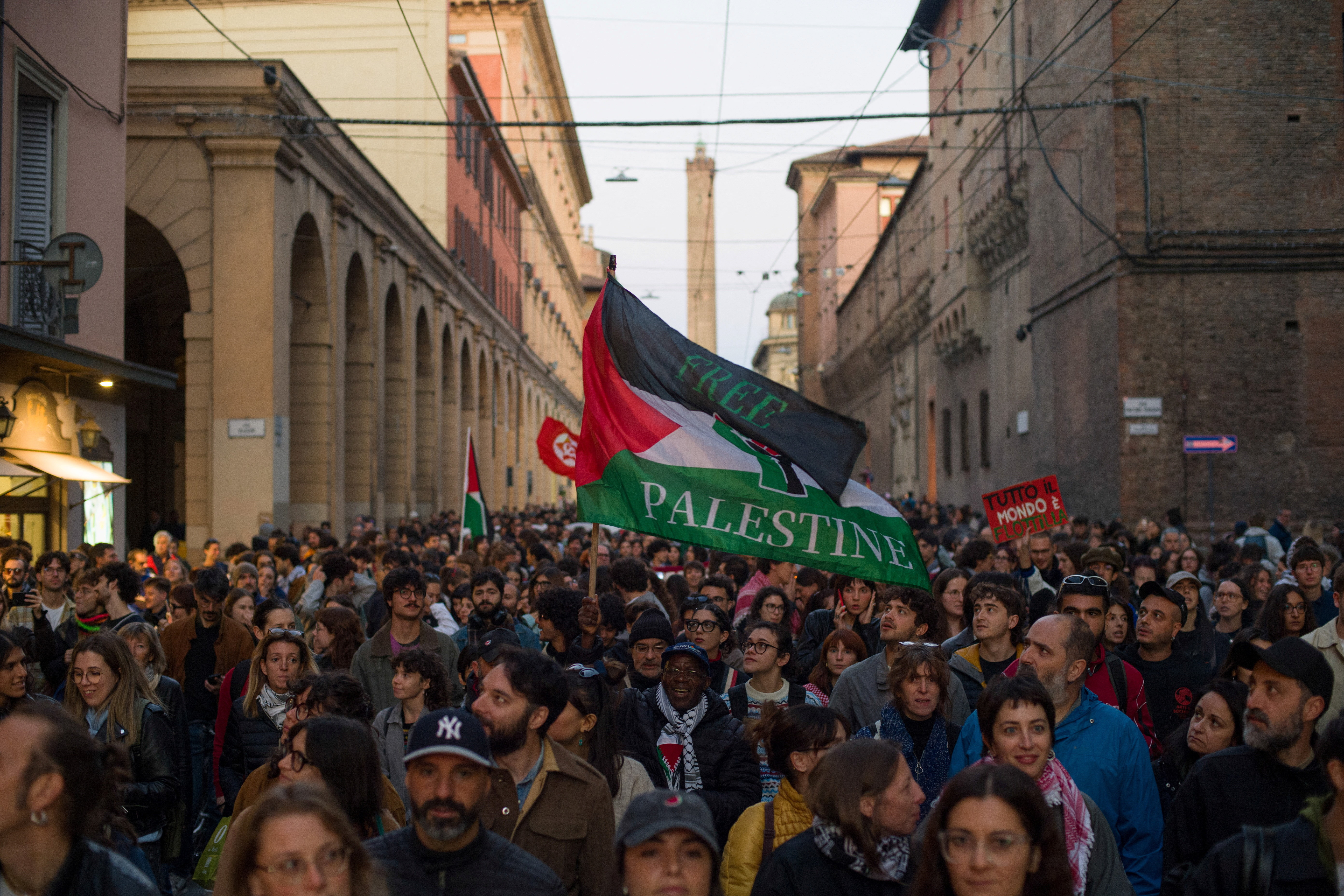 Protest to condemn the Israeli forces' interception of some of the vessels of the Global Sumud Flotilla, in Bologna
