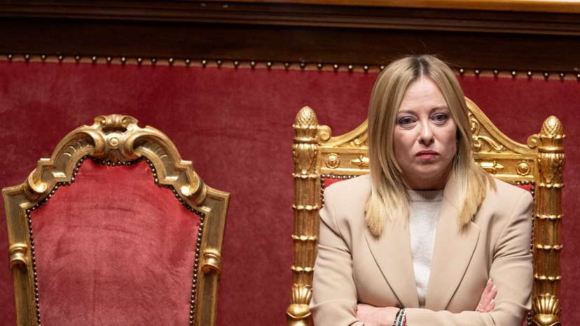 FILE PHOTO: Italy's P M Giorgia Meloni addresses the upper house of the Parliament in Rome, ahead of a European Council in Brussels