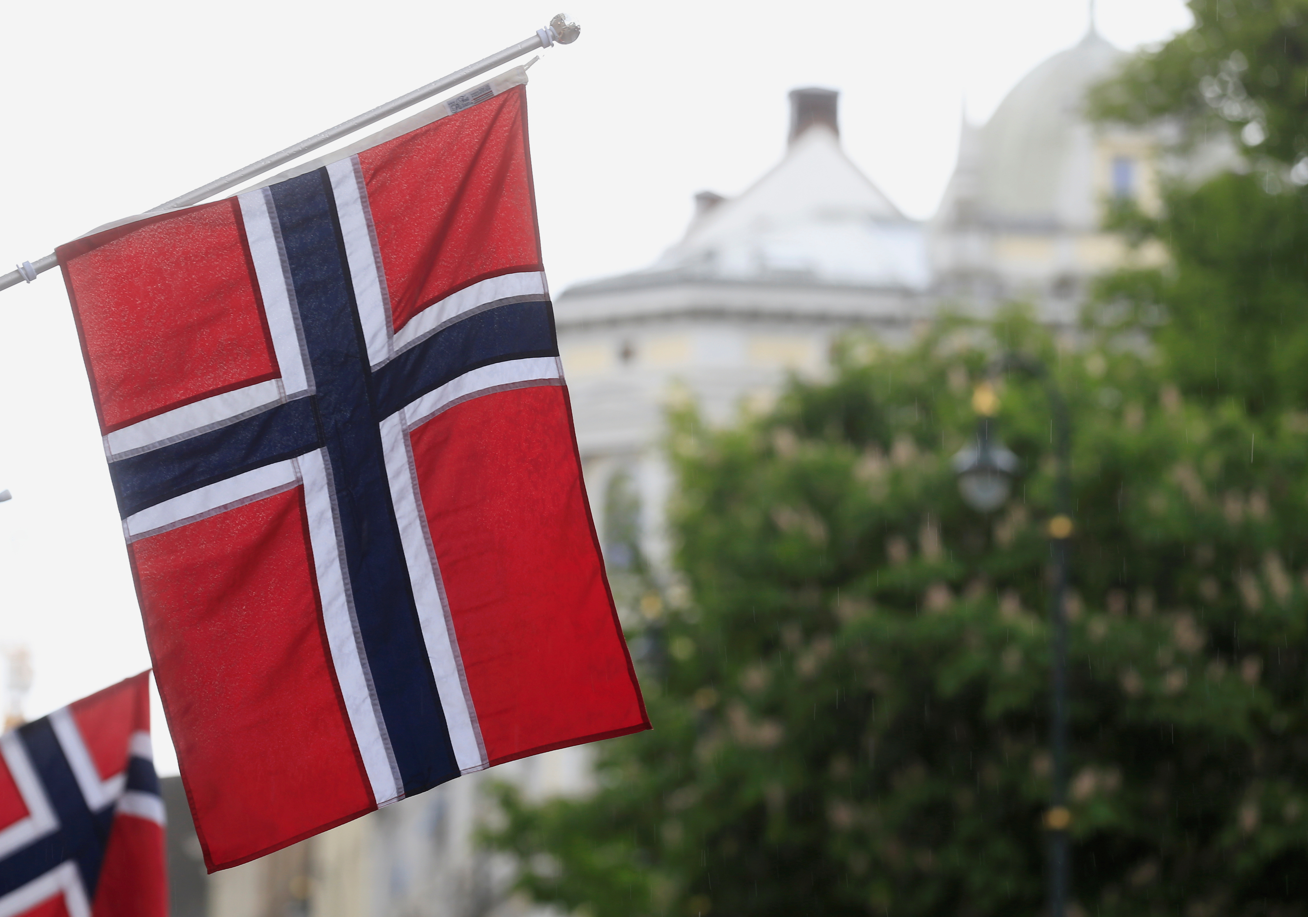 Norwegian flags flutter at Karl Johans street in Oslo