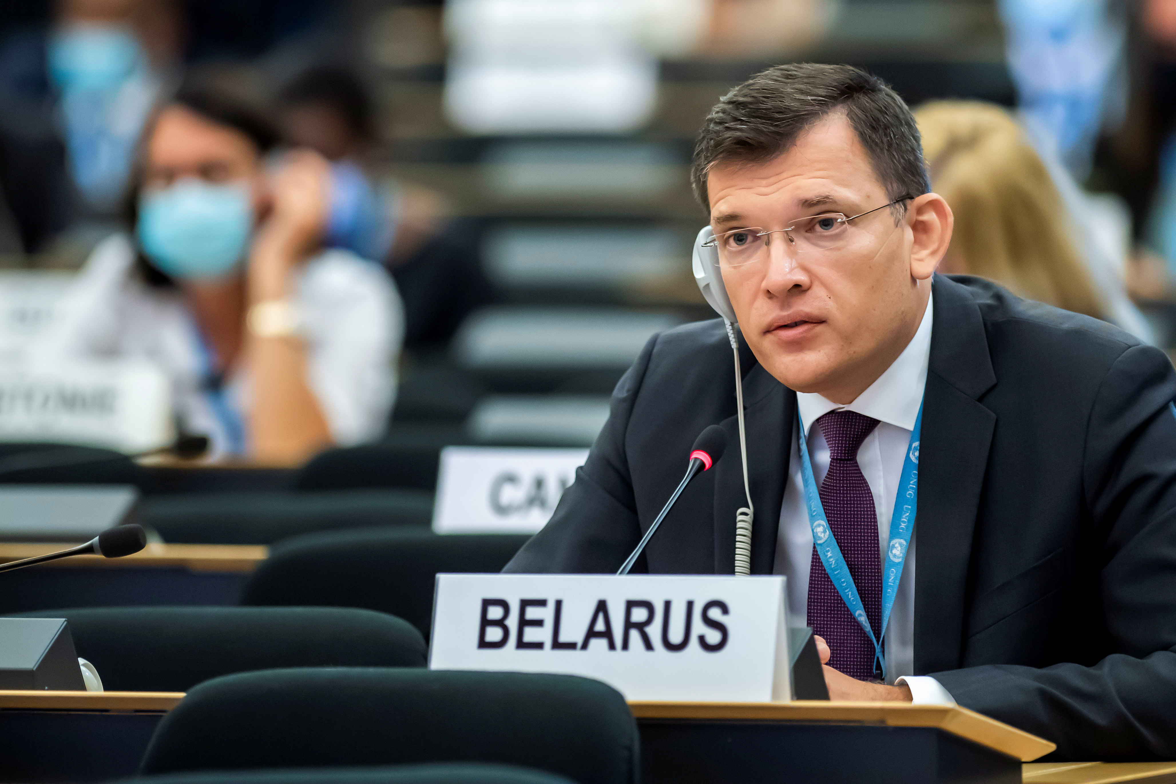 Yury Ambrazevich, Head of Belarus' delegation and Permanent Representative to the United Nations Office, speaks, during the opening of 45th session of the Human Rights Council, at the European U.N. headquarters in Geneva