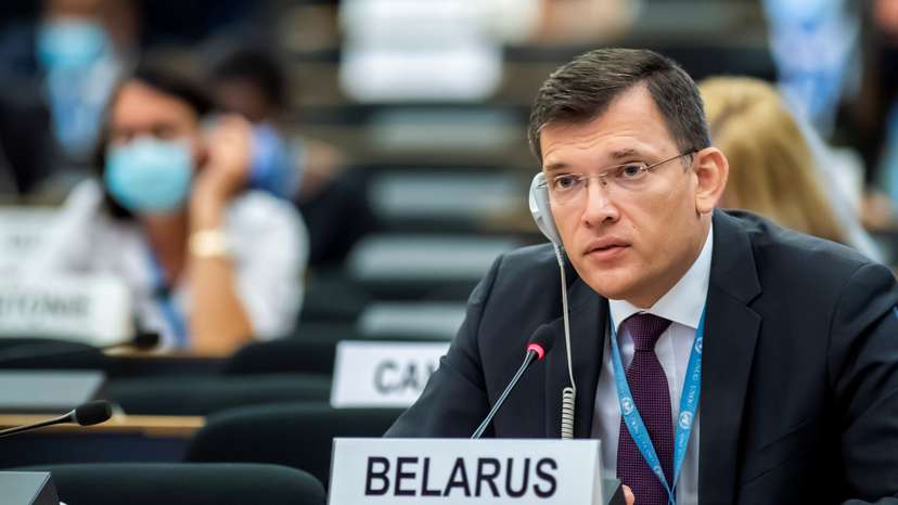 Yury Ambrazevich, Head of Belarus' delegation and Permanent Representative to the United Nations Office, speaks, during the opening of 45th session of the Human Rights Council, at the European U.N. headquarters in Geneva