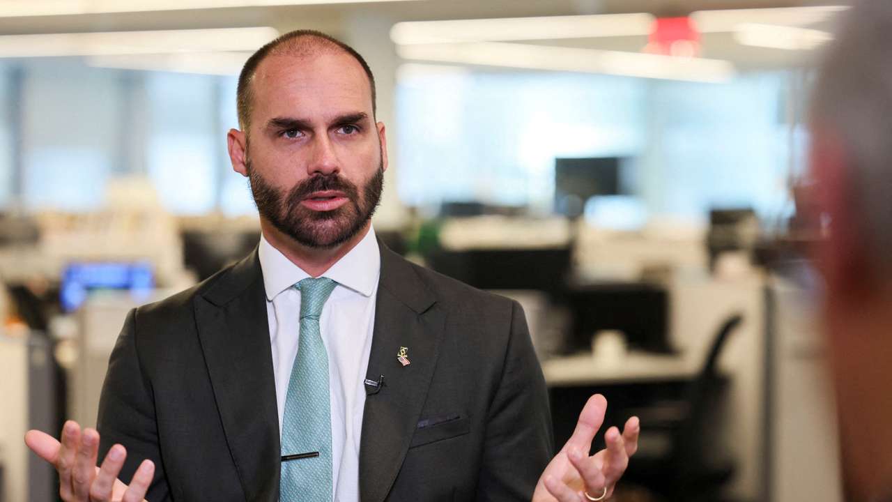 FILE PHOTO: Brazilian lawmaker Eduardo Bolsonaro sits down with Reuters to discuss his efforts to put U.S. pressure on Brazil to halt the trial of his father, right-wing former Brazilian President Jair Bolsonaro, in Washington, D.C., U.S., August 14, 2025. REUTERS/Jessica Koscielniak/File Photo