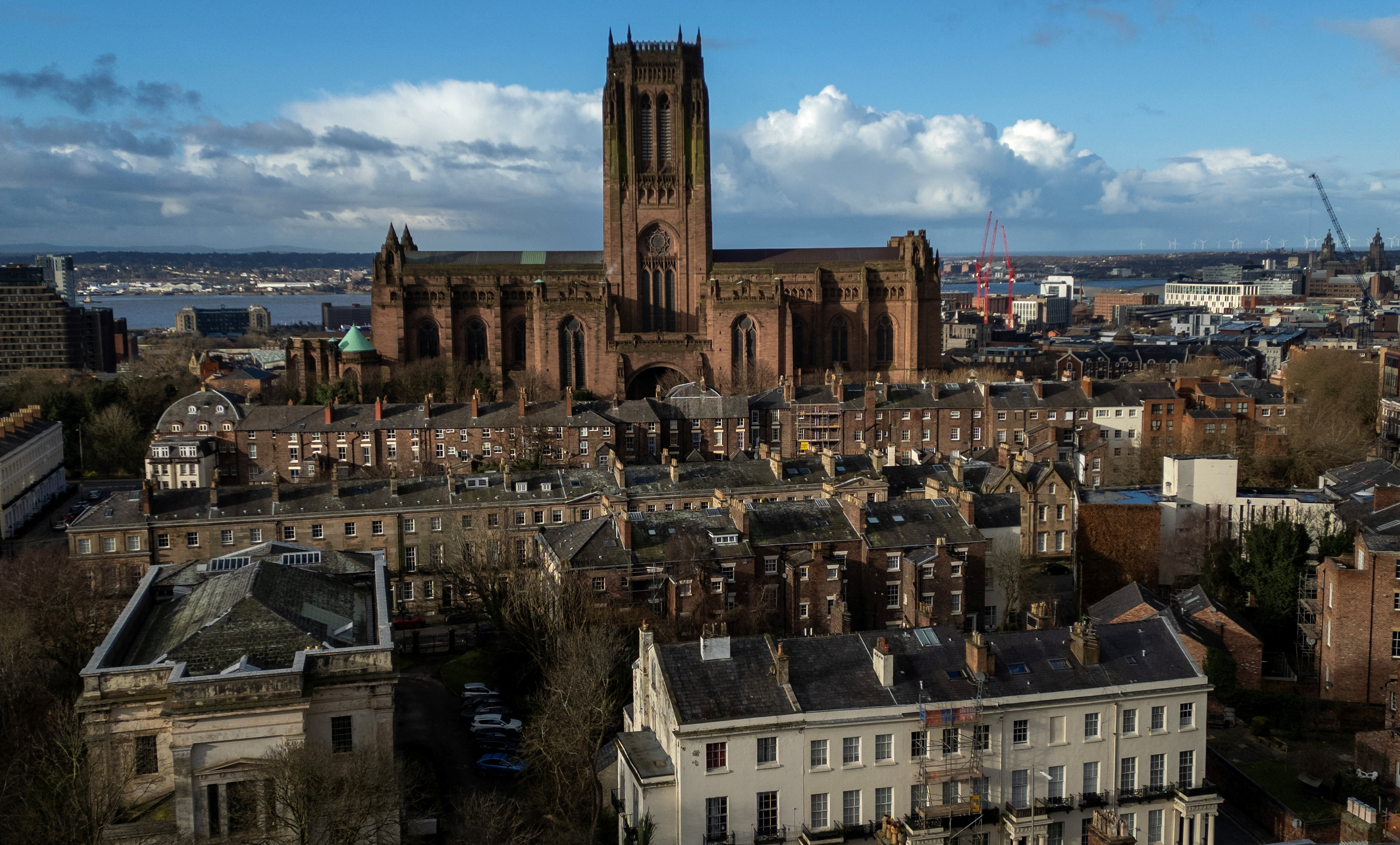 A drone view shows the Anglican Cathedral in Liverpool