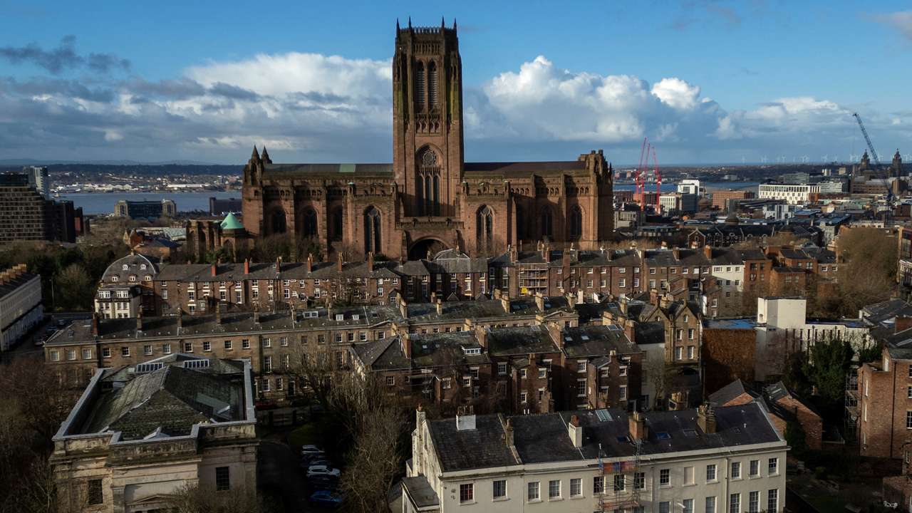 A drone view shows the Anglican Cathedral in Liverpool