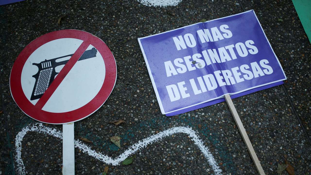 FILE PHOTO: A sign reading "No more murders of women leaders" is seen during a vigil to demand respect for the lives of demonstrators during the protests against the social and economic policy of the government of Colombian President Ivan Duque, in Bogota