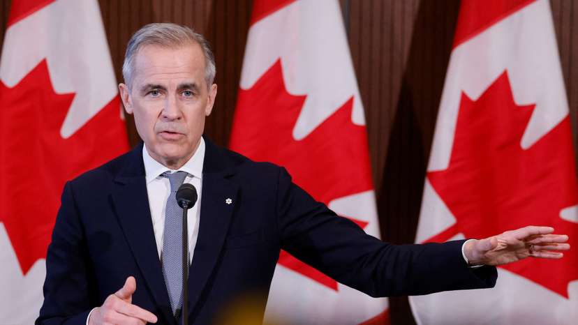Canada's Prime Minister Mark Carney takes part in a press conference to discuss a response to U.S. President Donald Trump's new tariffs, in Ottawa