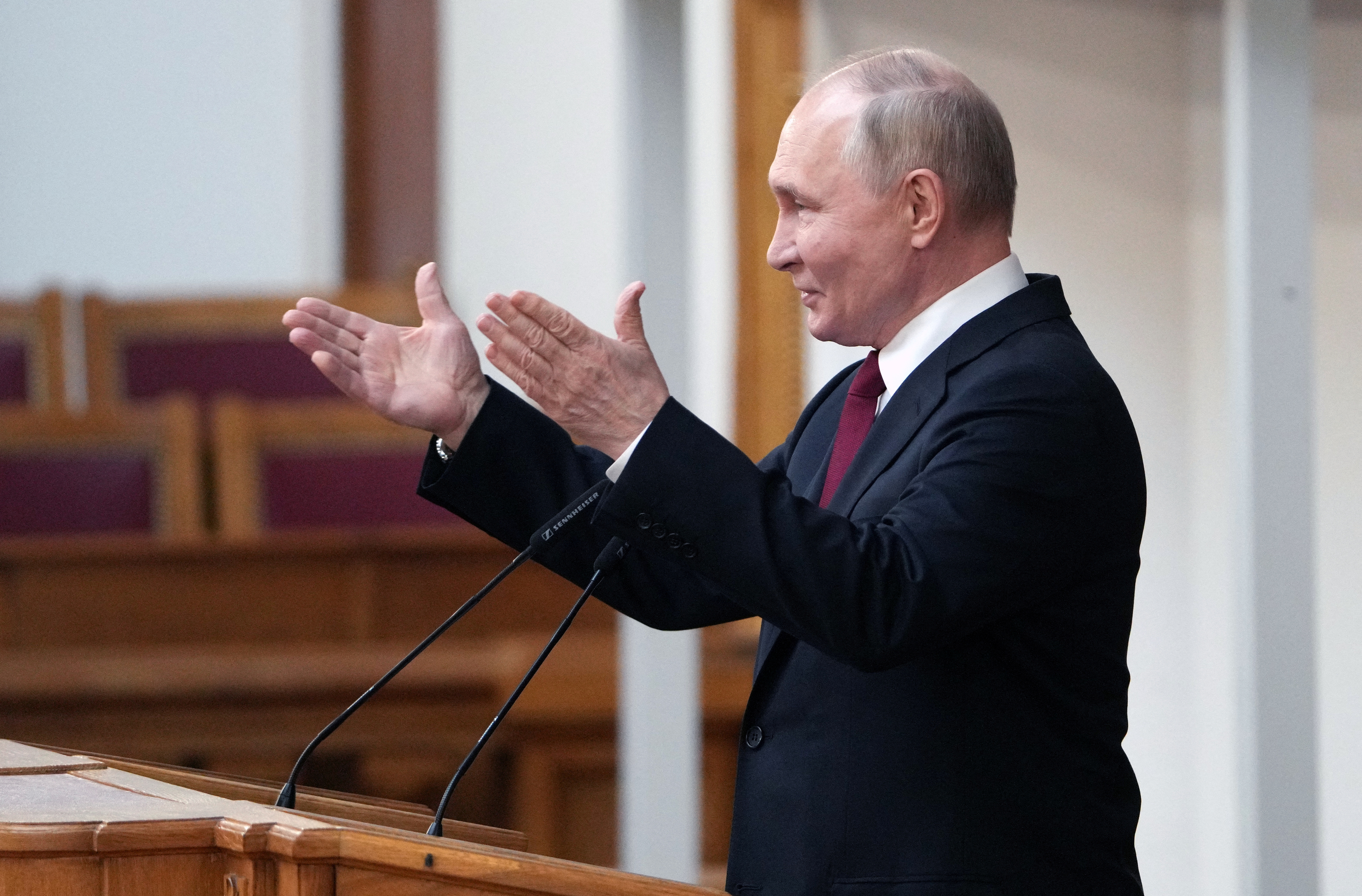 Russian President Vladimir Putin speaks at the BRICS Parliamentary Forum in Saint Petersburg