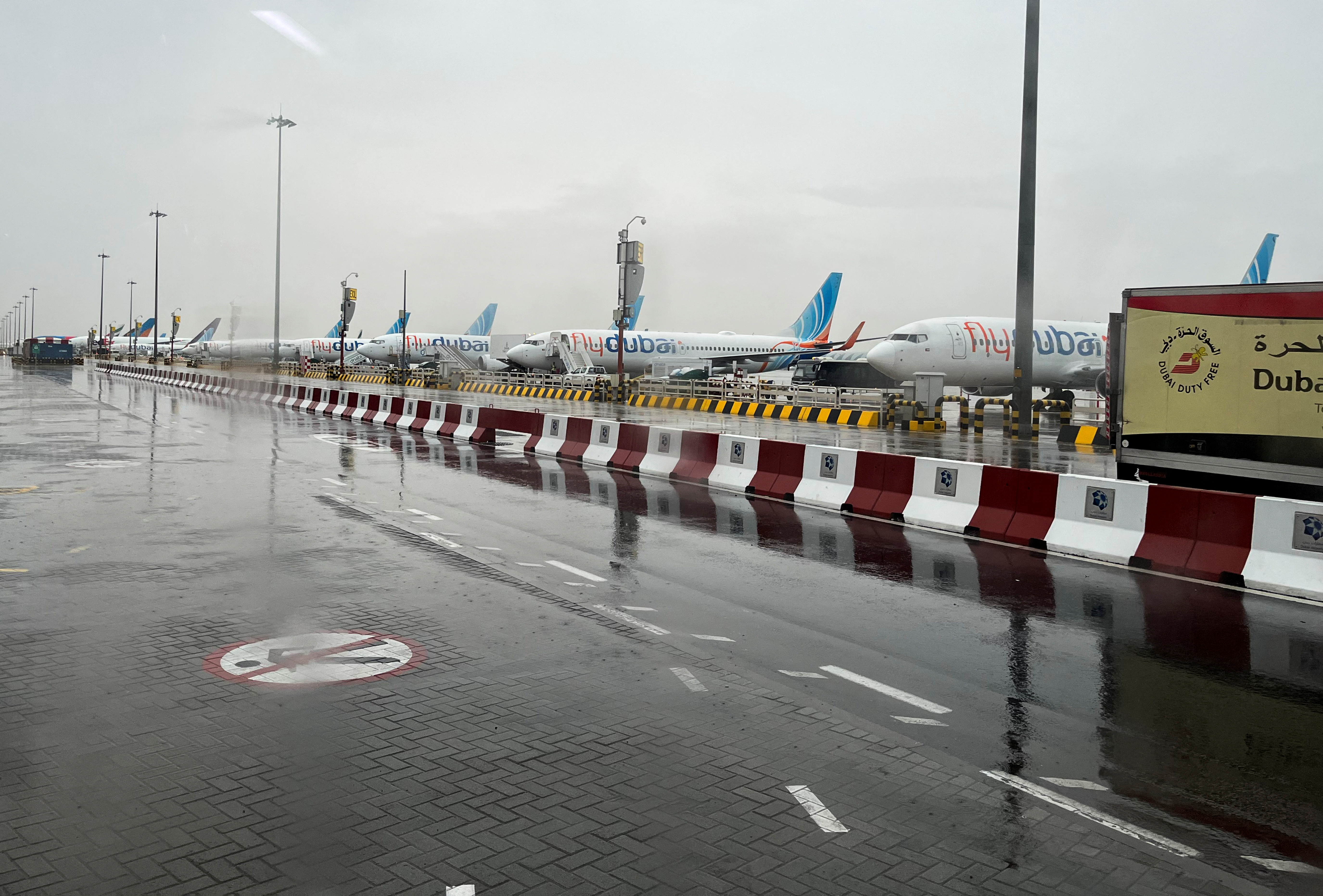 A general view from inside a bus of flydubai aircraft at Dubai International Airport