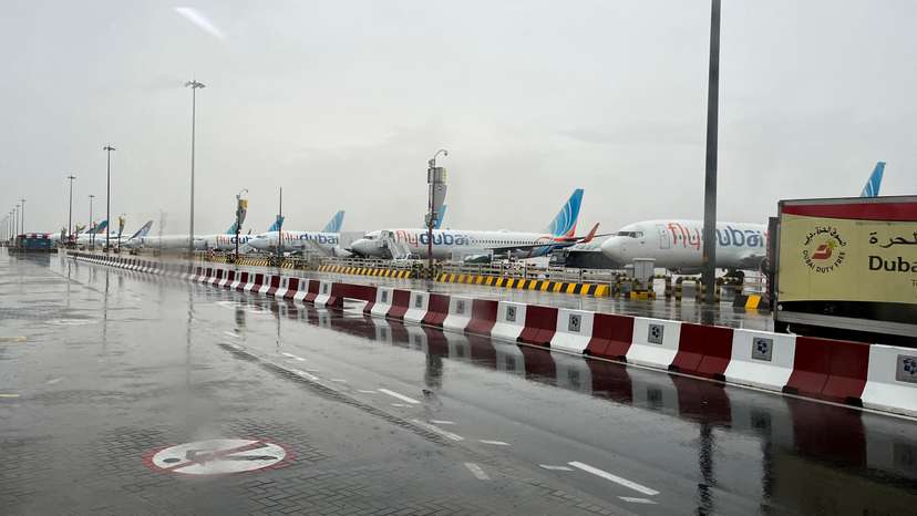 A general view from inside a bus of flydubai aircraft at Dubai International Airport
