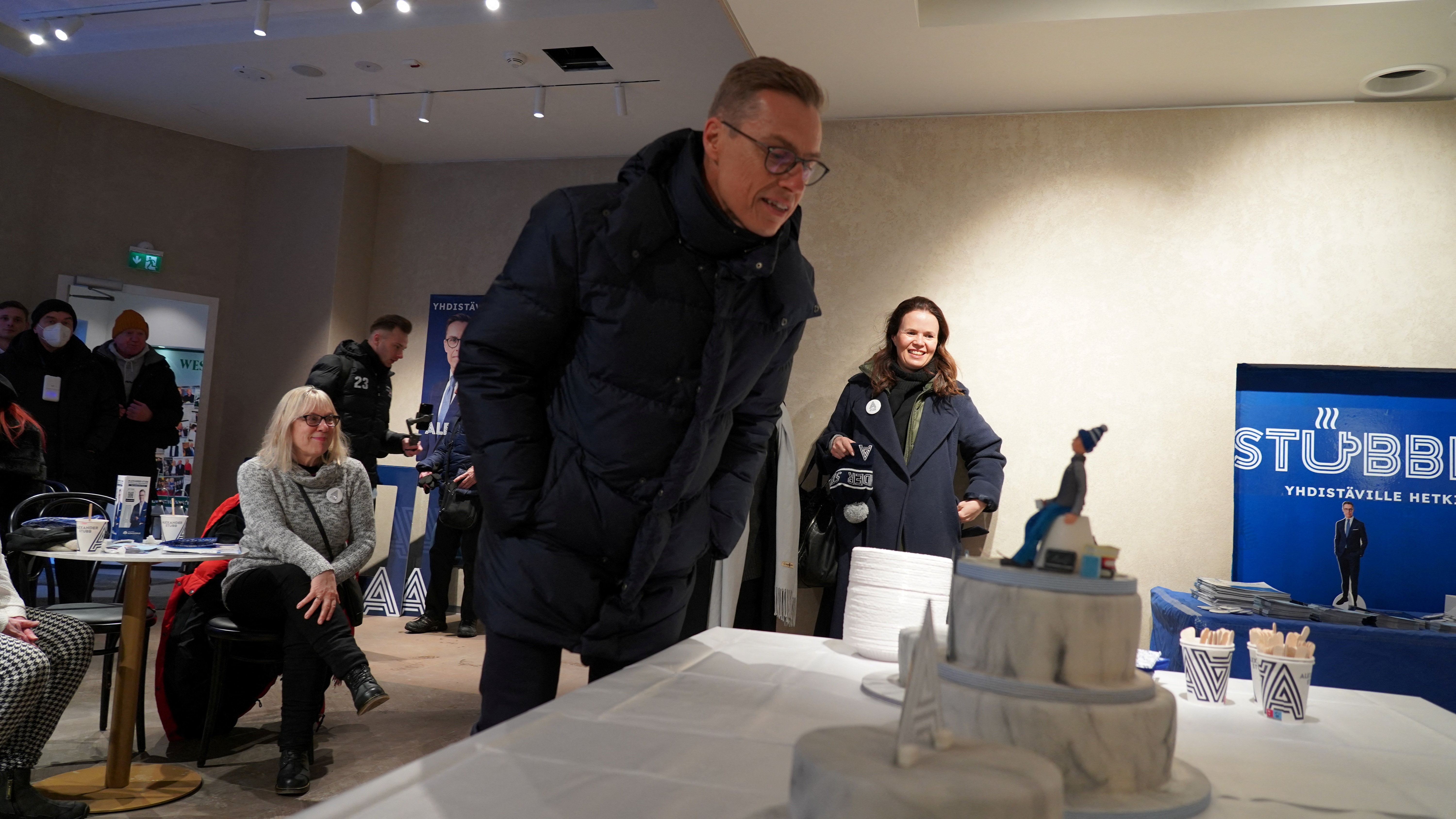 Presidential candidate Alexander Stubb attends the opening of his electoral cafe in central Helsinki
