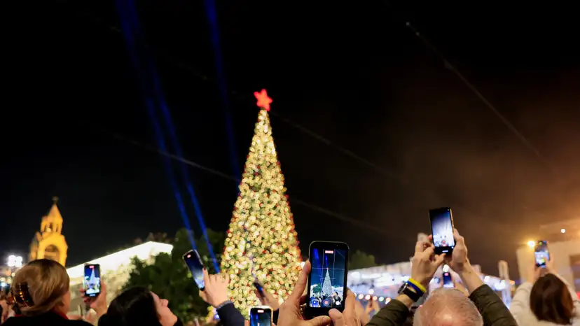 Christmas tree lighting-up outside Church of the Nativity in Bethlehem