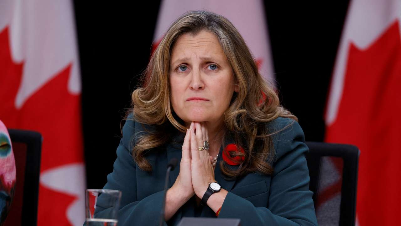 Canada's Deputy Prime Minister and Minister of Finance Chrystia Freeland takes part in a press conference in Ottawa