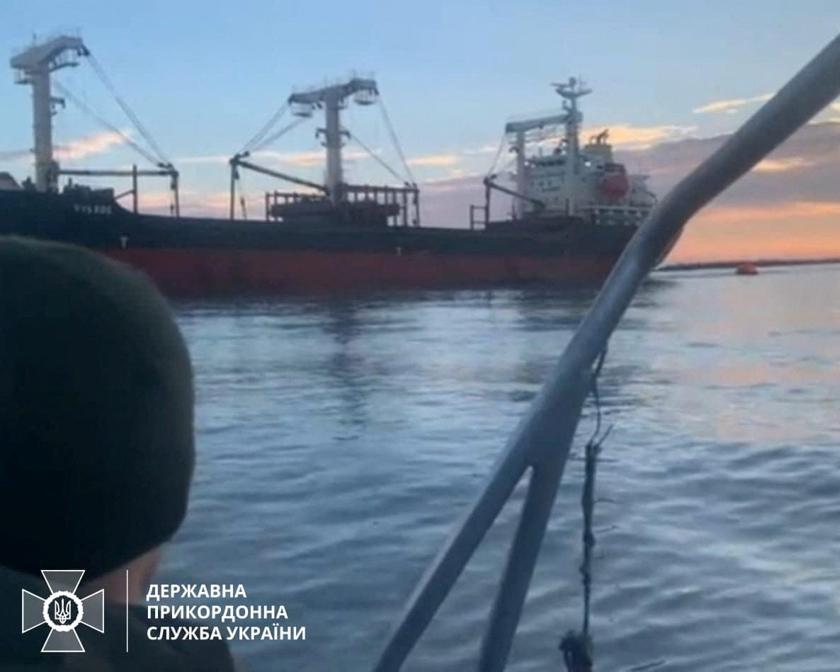 View shows a Panama-flagged bulk carrier in Odesa region