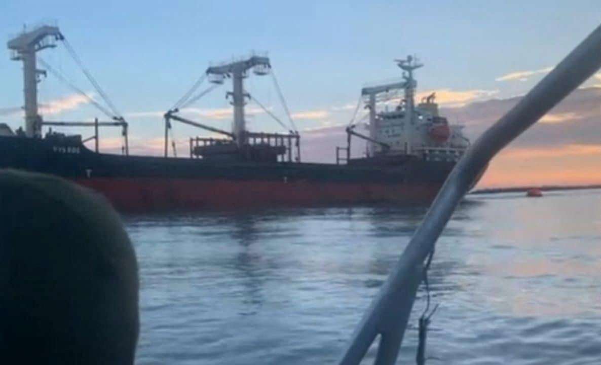 View shows a Panama-flagged bulk carrier in Odesa region
