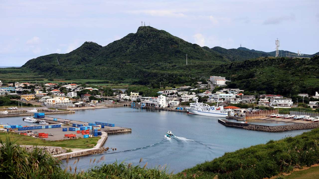 General view shows Kubura fishing port on Yonaguni island, Okinawa