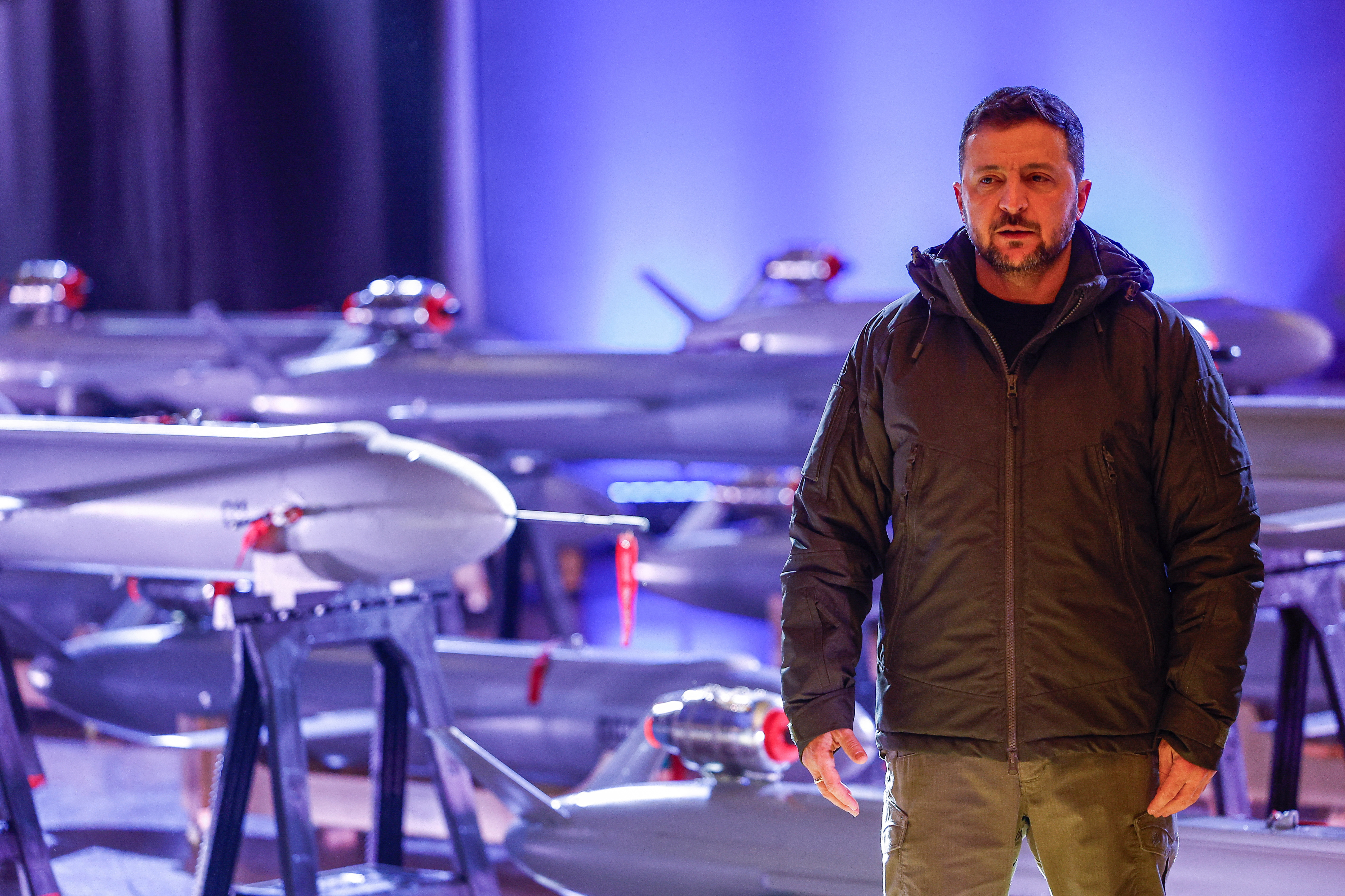 Ukraine's President Zelenskiy visits an exhibition of new Ukrainian made drone-missiles Peklo in Kyiv