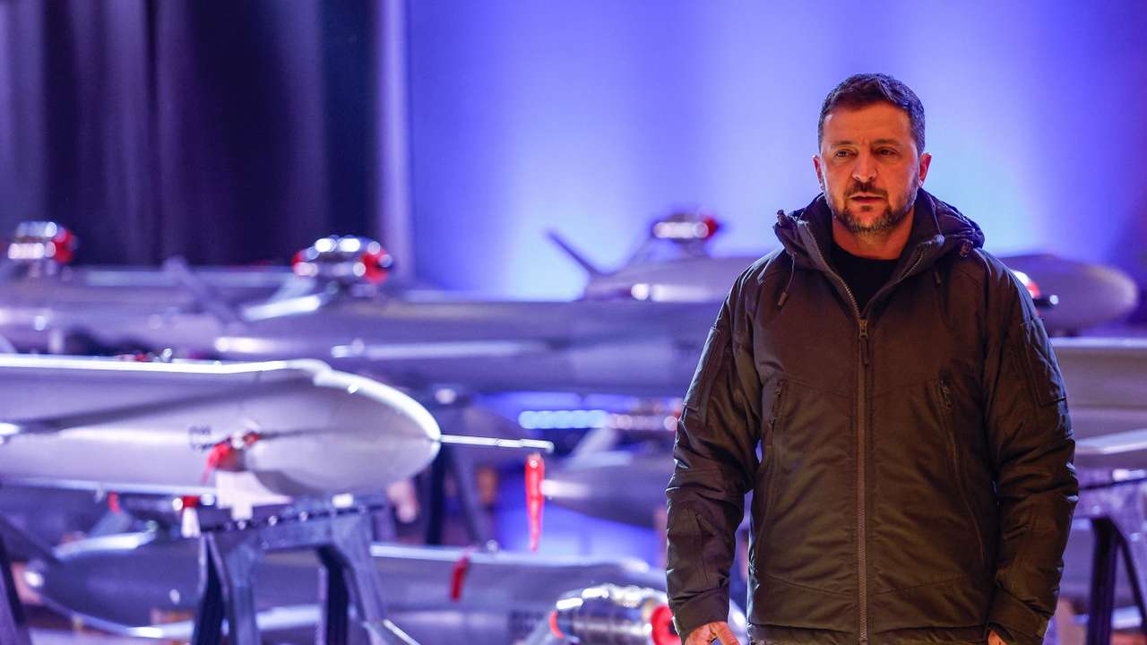 Ukraine's President Zelenskiy visits an exhibition of new Ukrainian made drone-missiles Peklo in Kyiv