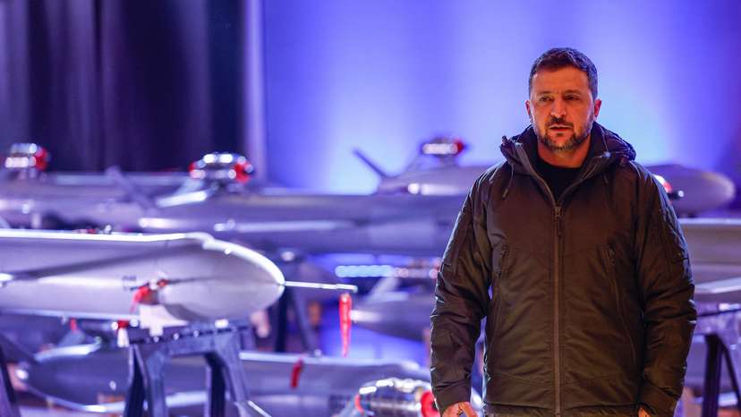 Ukraine's President Zelenskiy visits an exhibition of new Ukrainian made drone-missiles Peklo in Kyiv