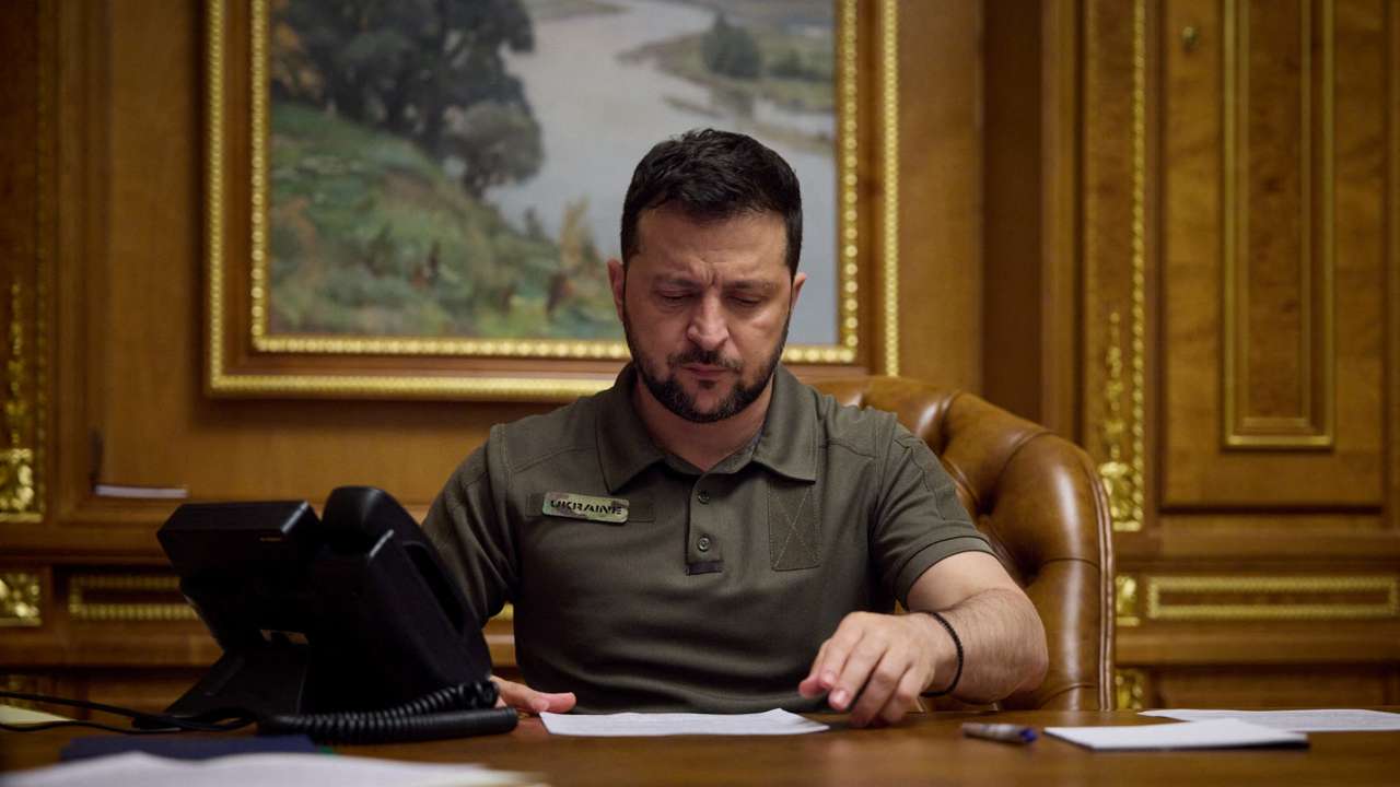 Ukraine's President Zelenskiy discusses a restoration of the Black Sea grain initiative with Turkish President Erdogan via a phone line in Kyiv