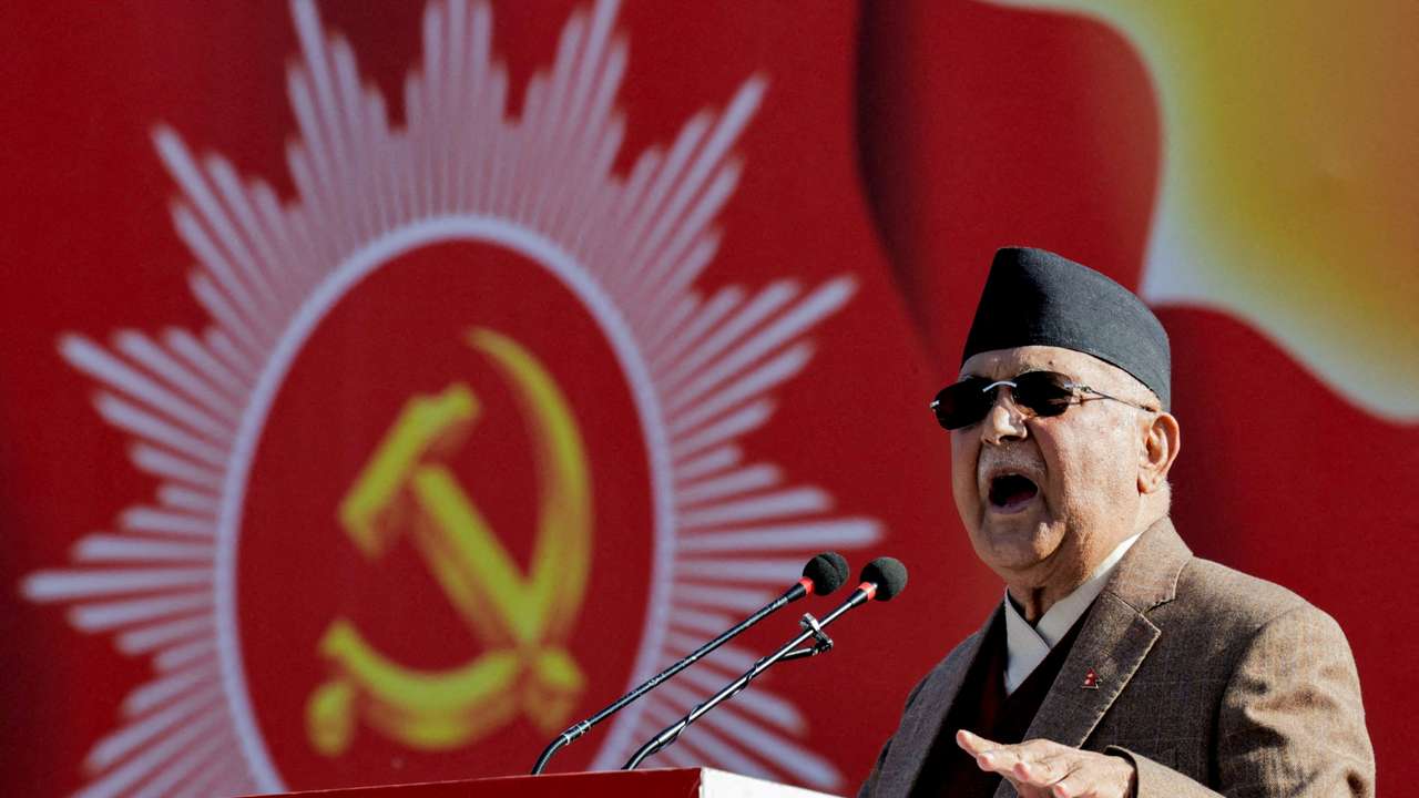 FILE PHOTO: Former Prime Minister of Nepal K.P Sharma Oli addresses his party during a rally in Kathmandu