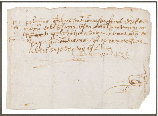 A handout image of a repartriated manuscript signed by Spanish conquistador Hernan Cortes