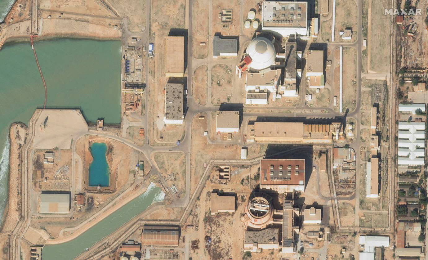 A satellite image shows the nuclear reactors at the Bushehr site in Iran