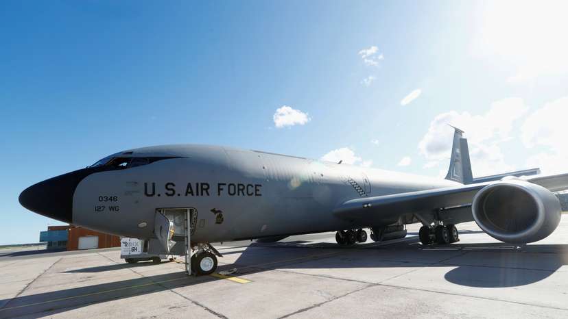 A U.S. Air Force KC-135 aerial refueling aircraft is seen at Riga International Airport
