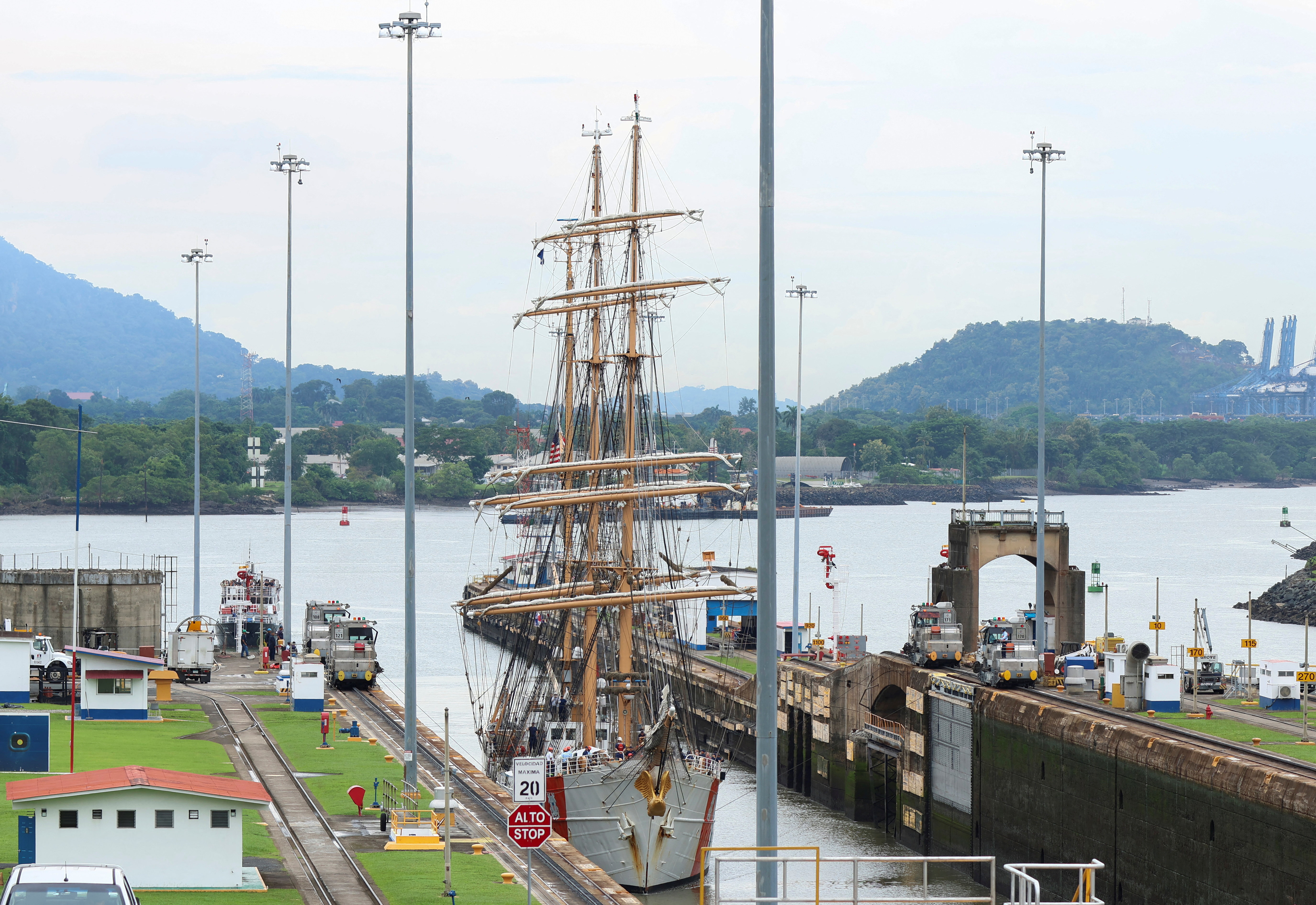 U.S. Coast Guard Cutter Eagle transits the Miraflores Locks in the Panama Canal