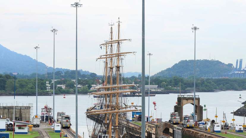 U.S. Coast Guard Cutter Eagle transits the Miraflores Locks in the Panama Canal