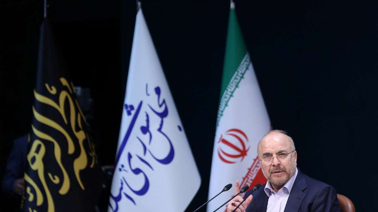 Iranian Parliament Speaker Mohammad Bagher Ghalibaf attends a press conference in Tehran