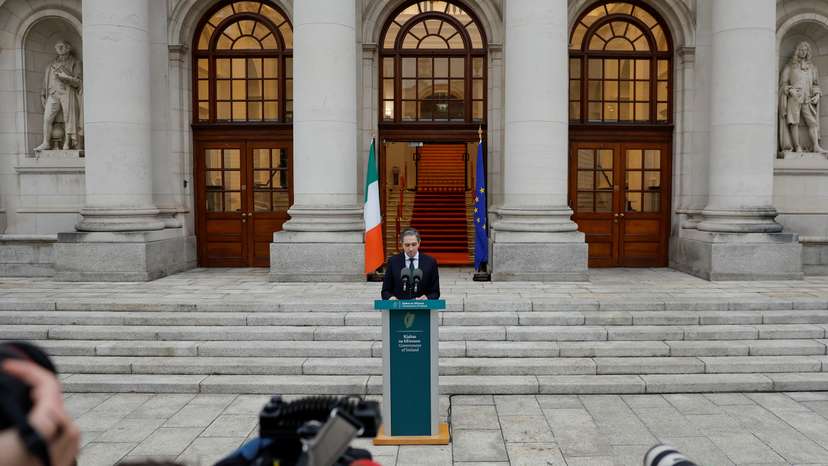 Taoiseach (Prime Minister) Simon Harris makes a statement at Government Buildings calling a General Election, in Dublin