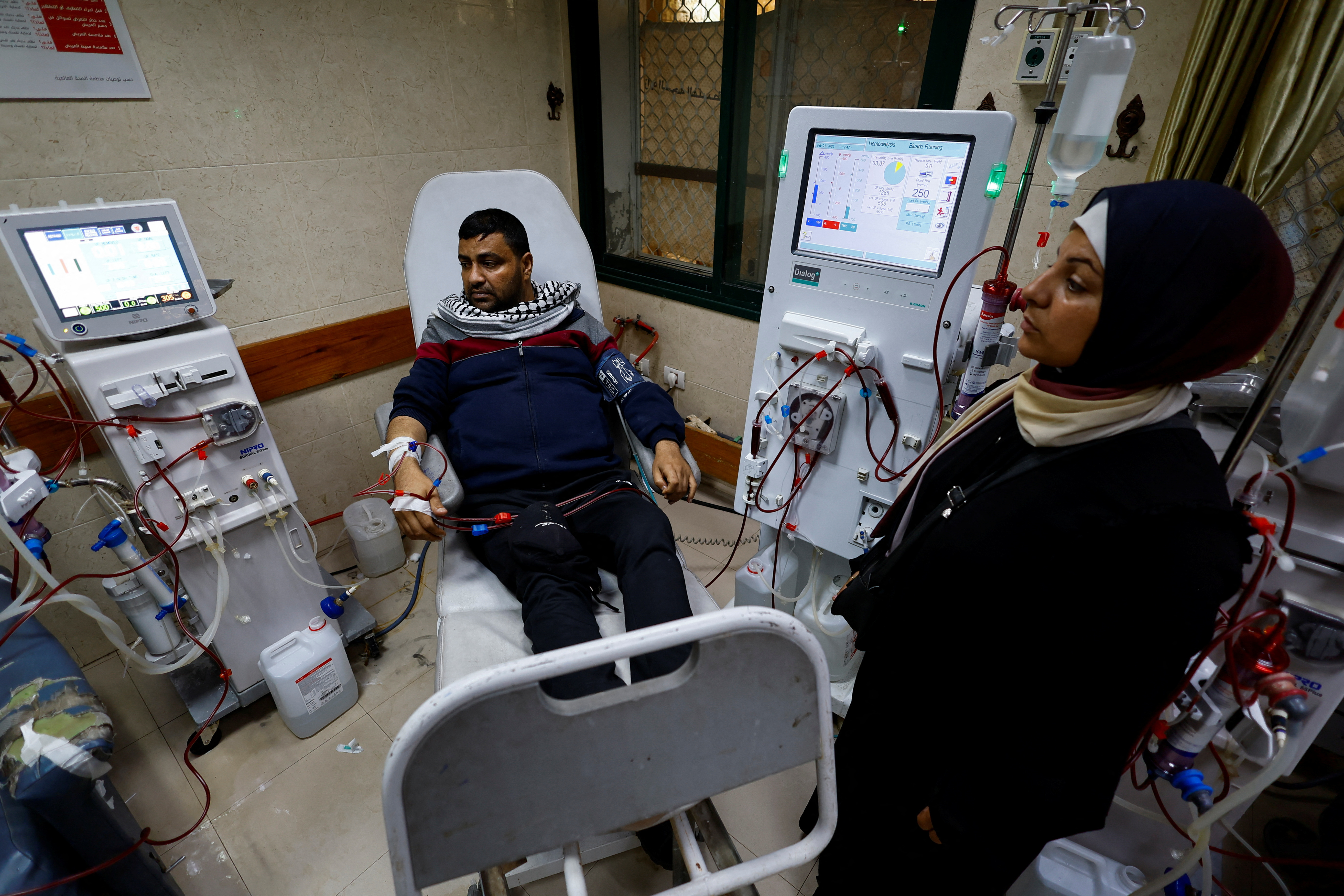 Palestinian patient with kidney failure undergoes dialysis treatment at Al-Aqsa Martyrs Hospital, in Deir al-Balah