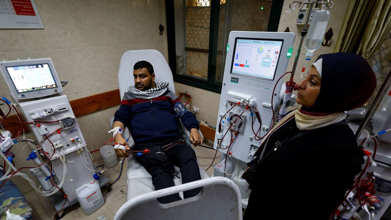 Palestinian patient with kidney failure undergoes dialysis treatment at Al-Aqsa Martyrs Hospital, in Deir al-Balah