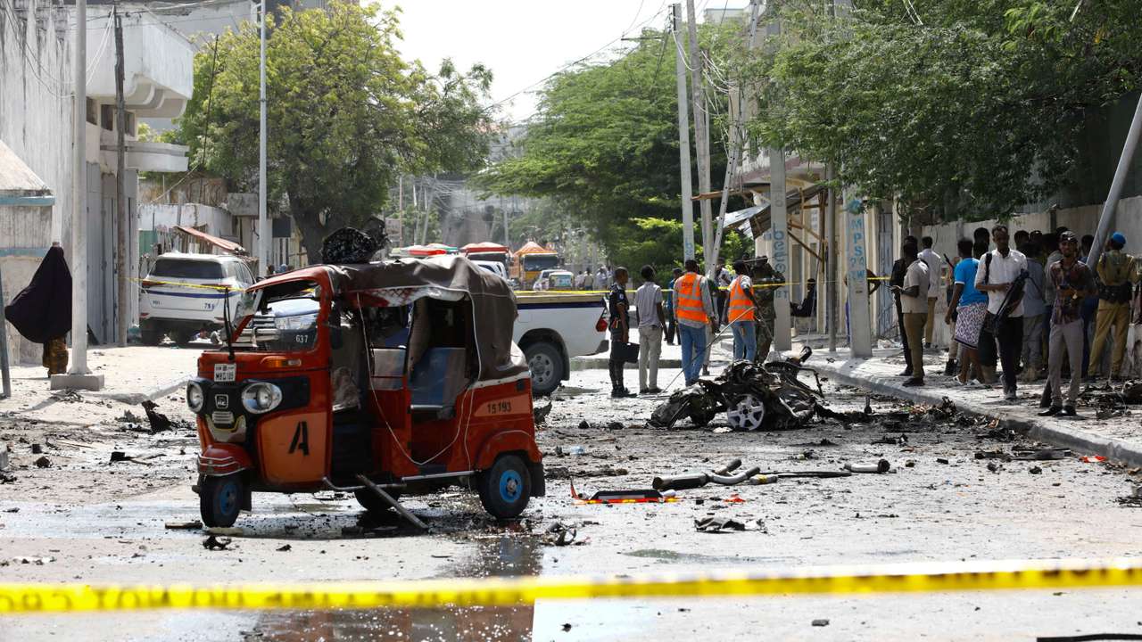 Explosion on a bomb-rigged car that was parked on a road near the National Theatre in Hamarweyne district of Mogadishu