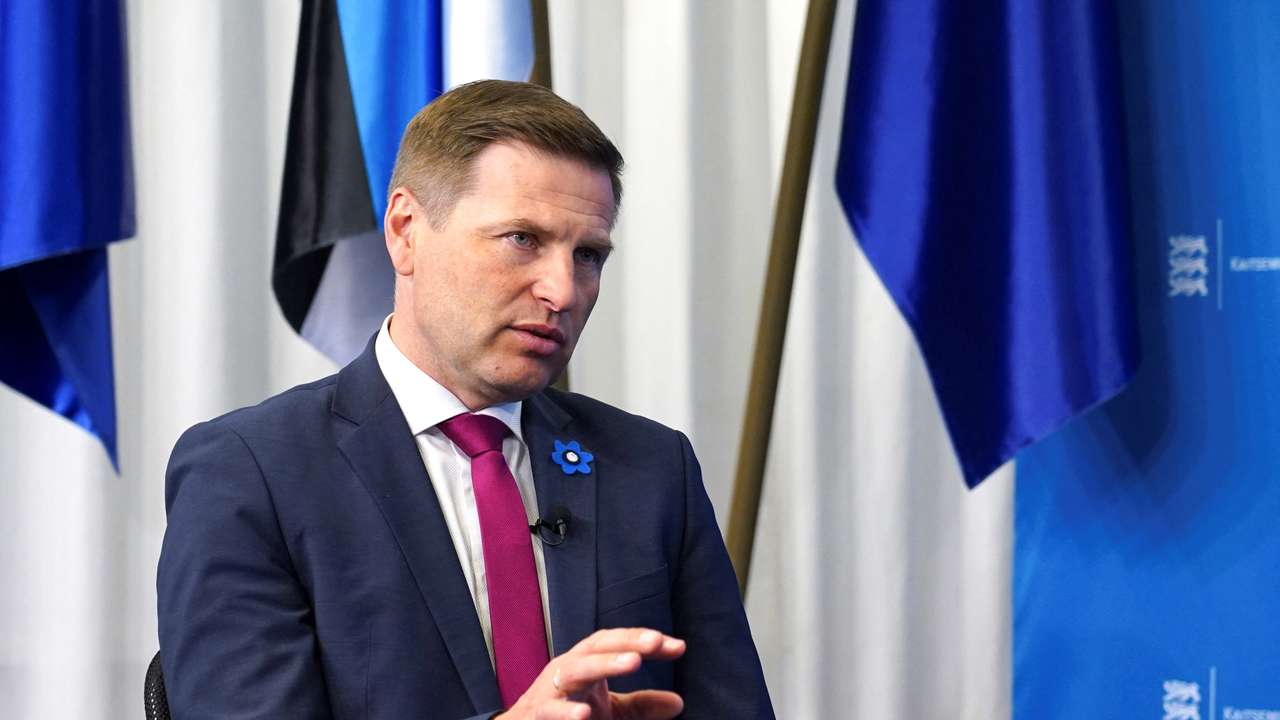 Estonian Defence Minister Hanno Pevkur speaks during an interview