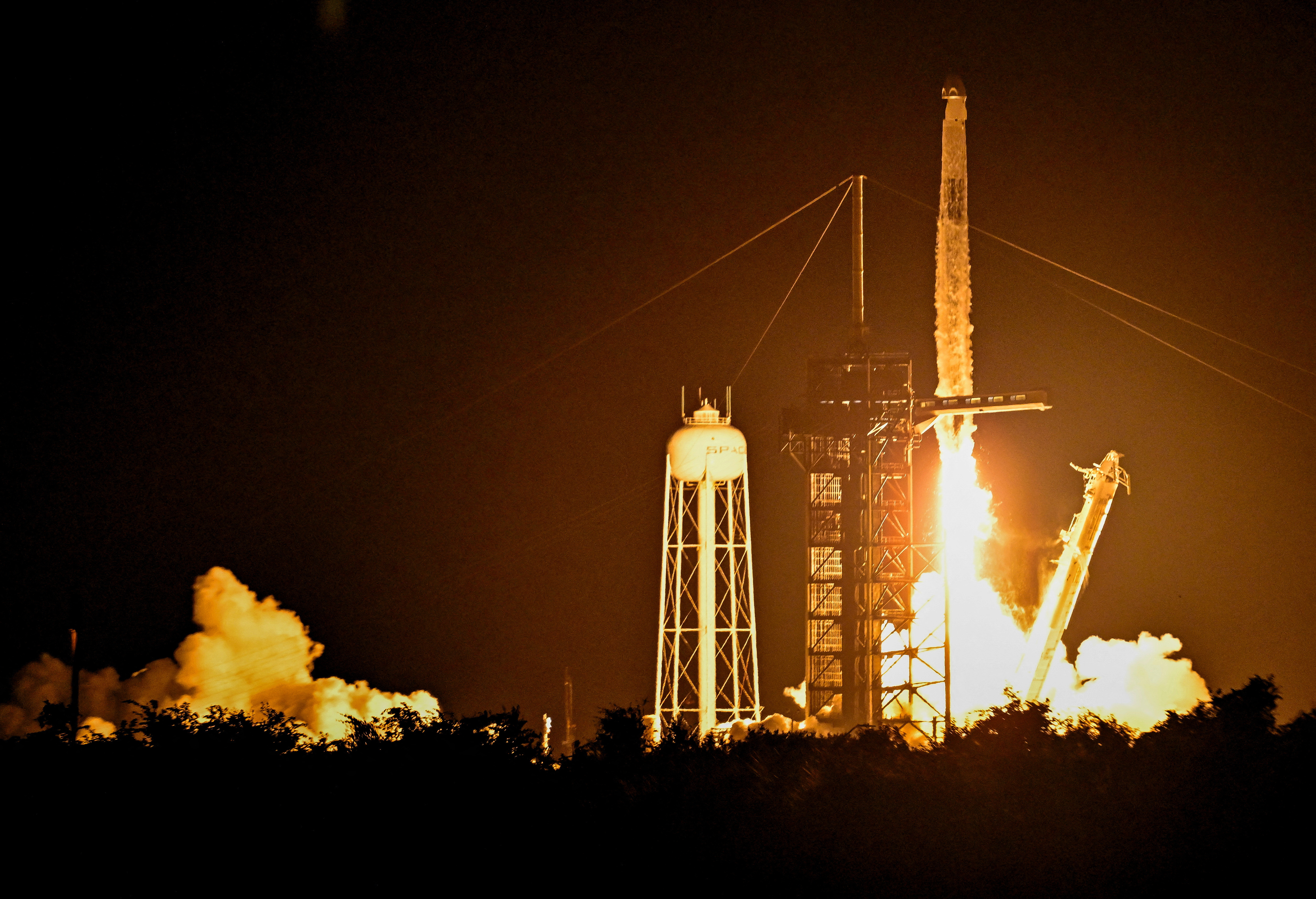 A Falcon 9 rocket carrying the Axiom-4 crew of four astronauts lifts off from Kennedy Space Center Launch Complex 39A on a mission to the International Space Station