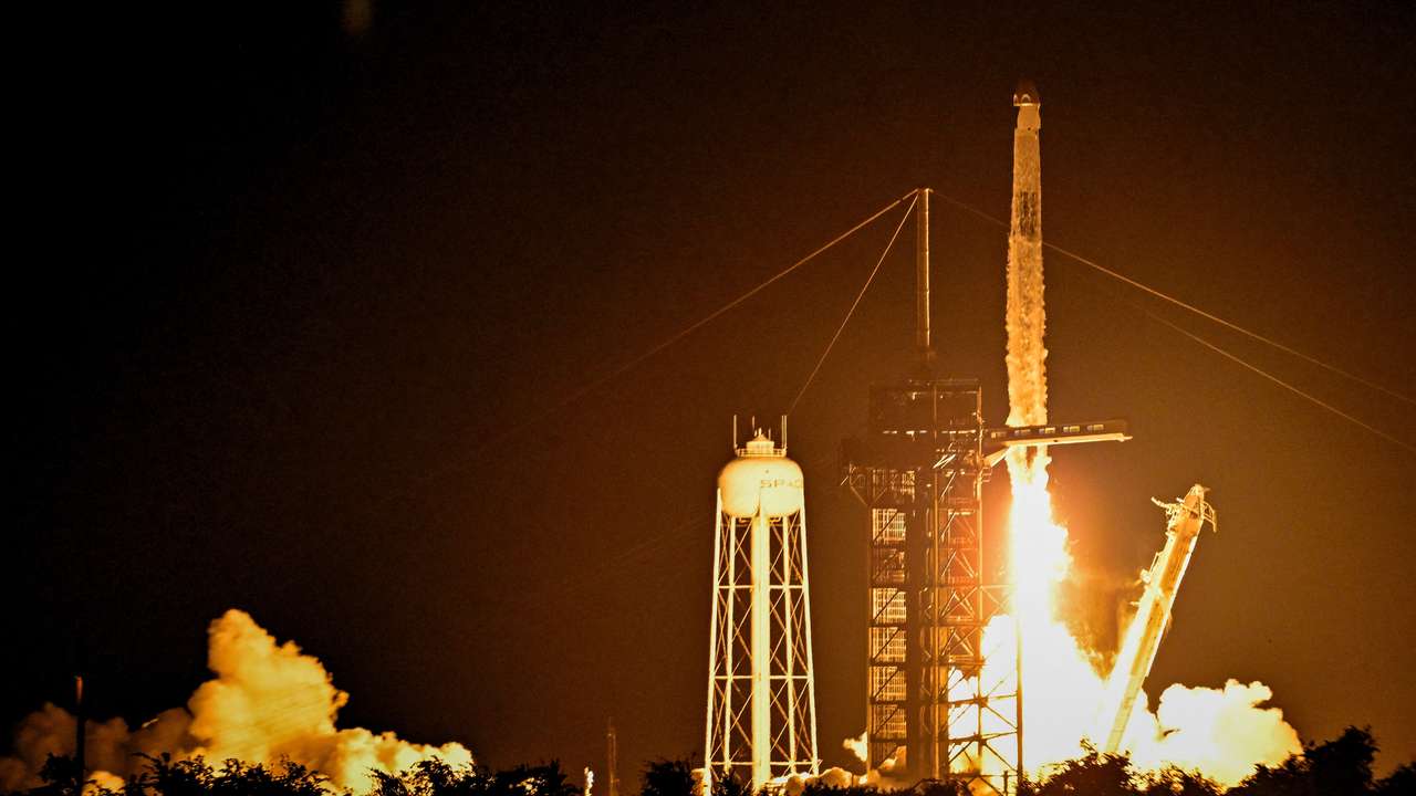 A Falcon 9 rocket carrying the Axiom-4 crew of four astronauts lifts off from Kennedy Space Center Launch Complex 39A on a mission to the International Space Station