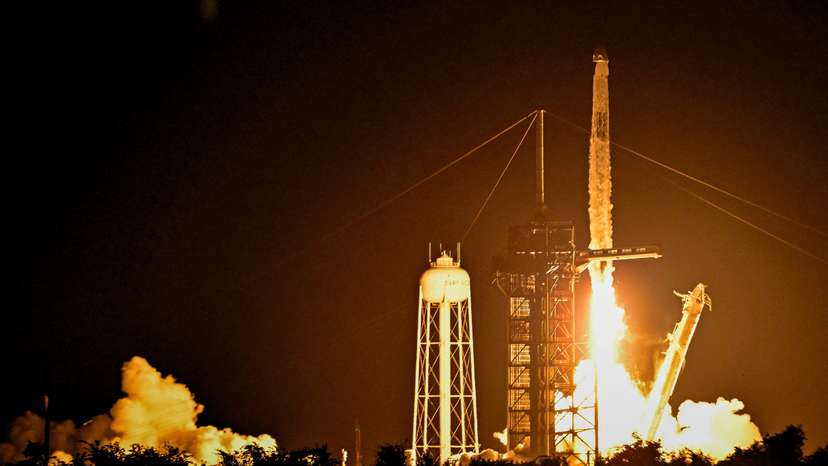 A Falcon 9 rocket carrying the Axiom-4 crew of four astronauts lifts off from Kennedy Space Center Launch Complex 39A on a mission to the International Space Station