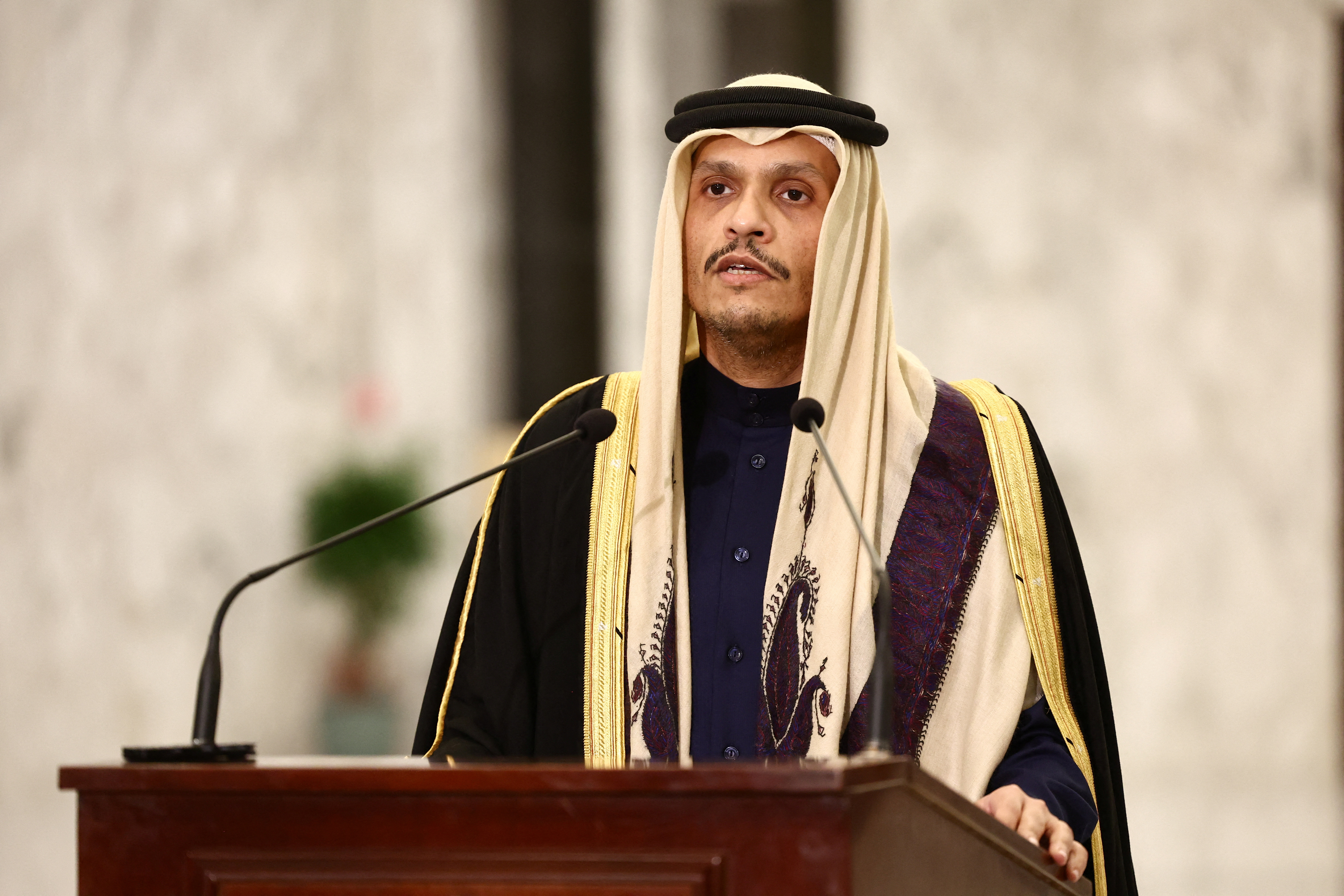 FILE PHOTO: Qatari Prime Minister and Foreign Minister Sheikh Mohammed bin Abdulrahman Al Thani delivers a statement after a meeting with the Lebanese president at the presidential palace in Baabda