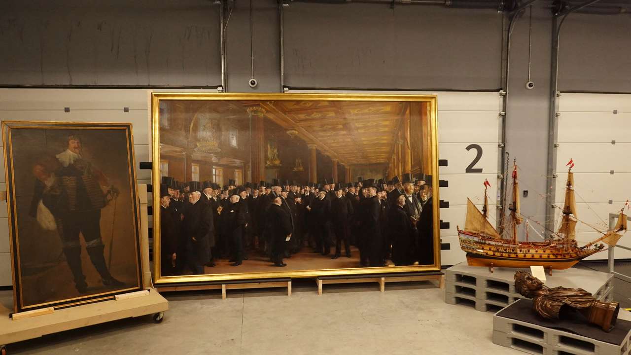 Artworks rescued from Boersen during the fire are displayed at the National Museum's warehouse in Vinge