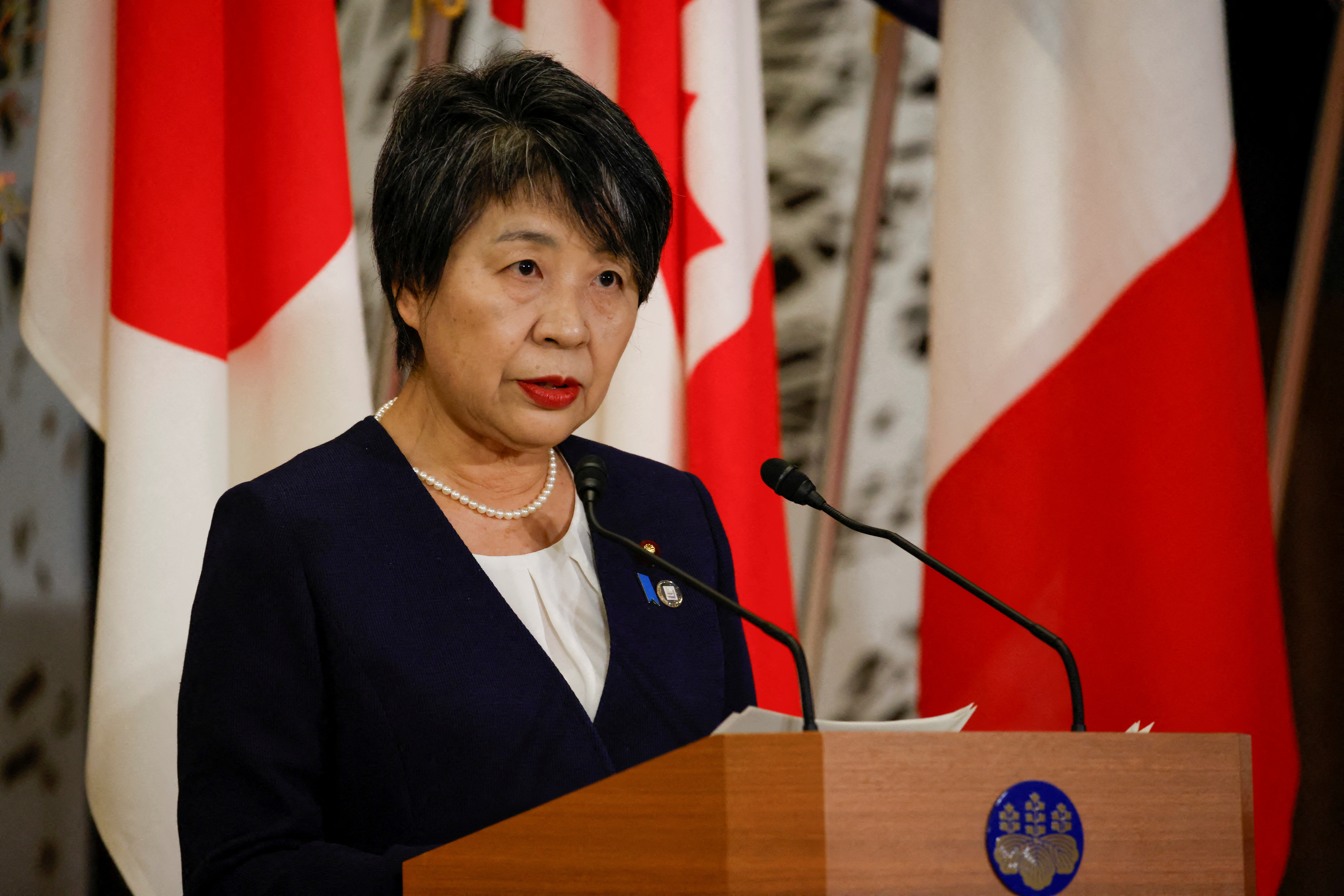 Japan’s Foreign Minister Yoko Kamikawa, talks to members of the media during a press conference at the end of the second day of meetings of the G7 Foreign Ministers in Tokyo