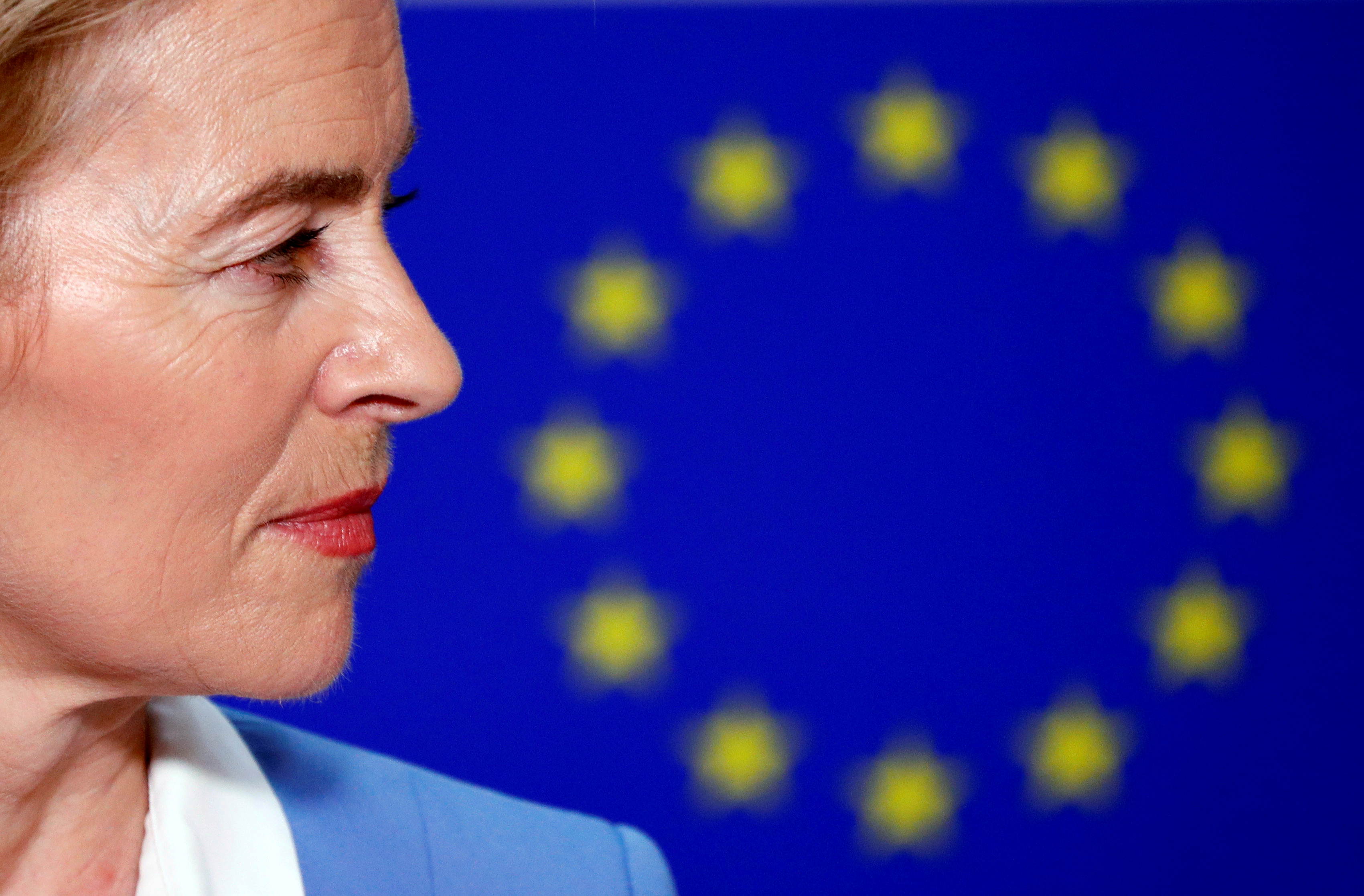 German Defense Minister von der Leyen briefs the media at the EU Parliament in Brussels