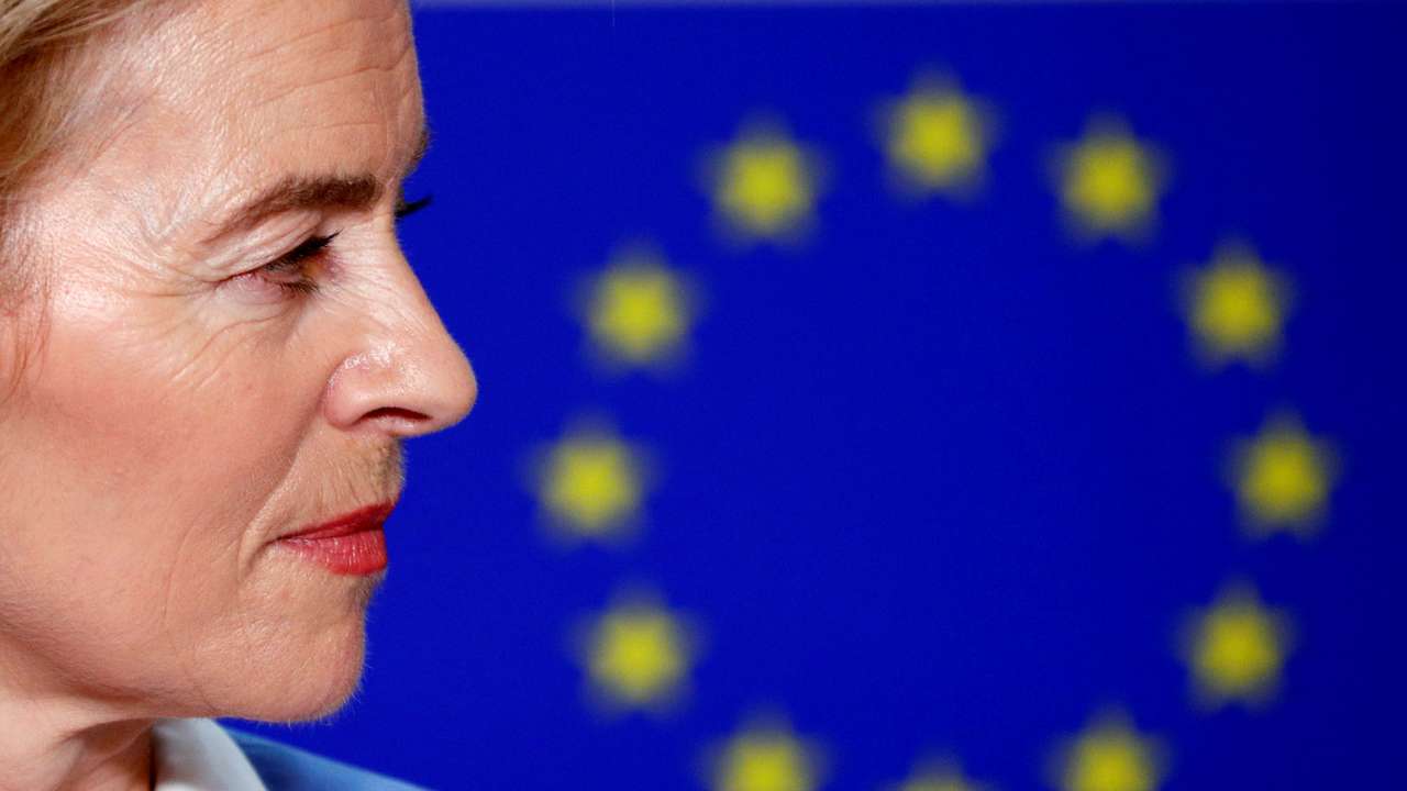 German Defense Minister von der Leyen briefs the media at the EU Parliament in Brussels