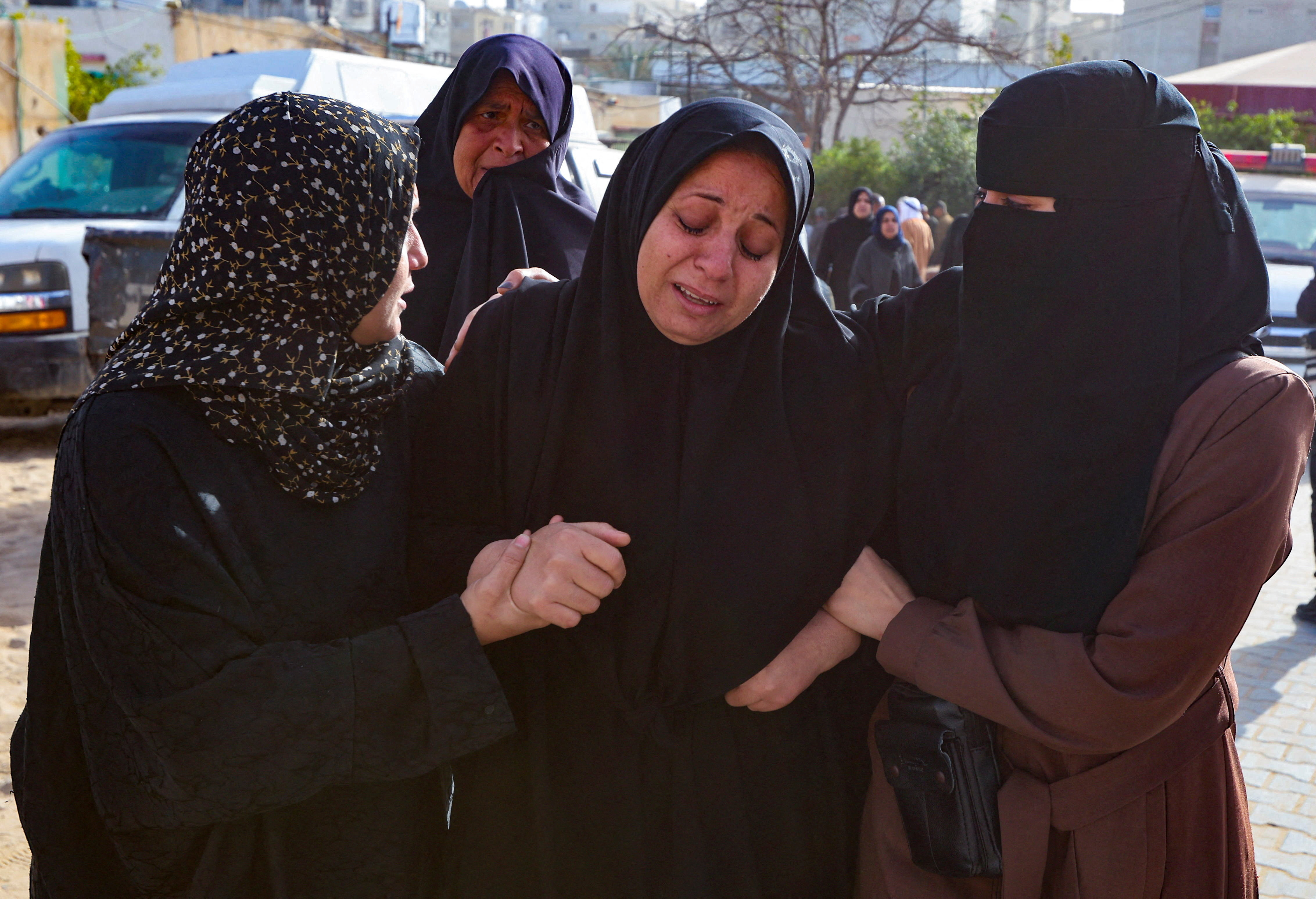 Funeral of Palestinians killed in an overnight Israeli strike, according to medics, at Nasser Hospital in Khan Younis