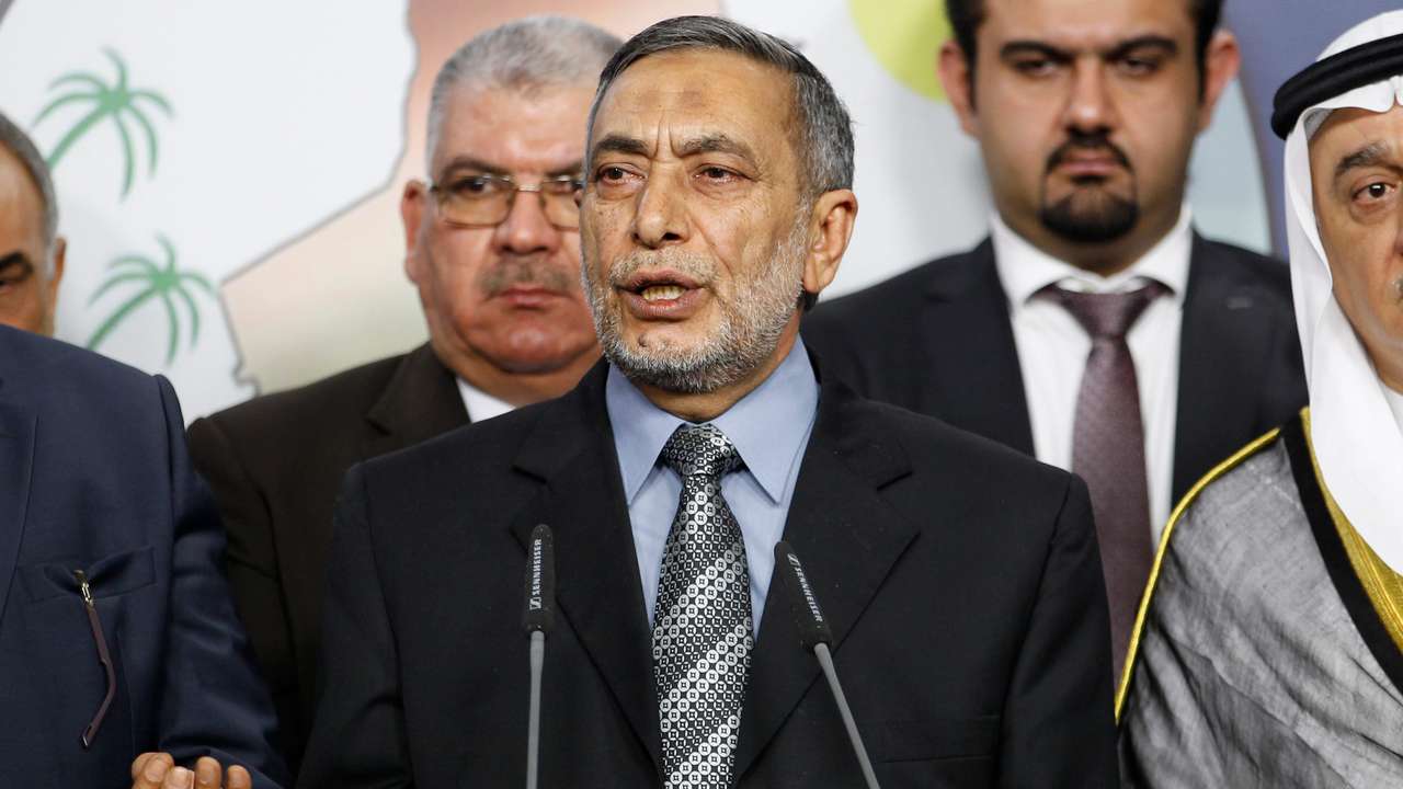 Iraqi Sunni lawmaker Mashhadani speaks during a news conference about Friday's attack on a village mosque, in Baghdad