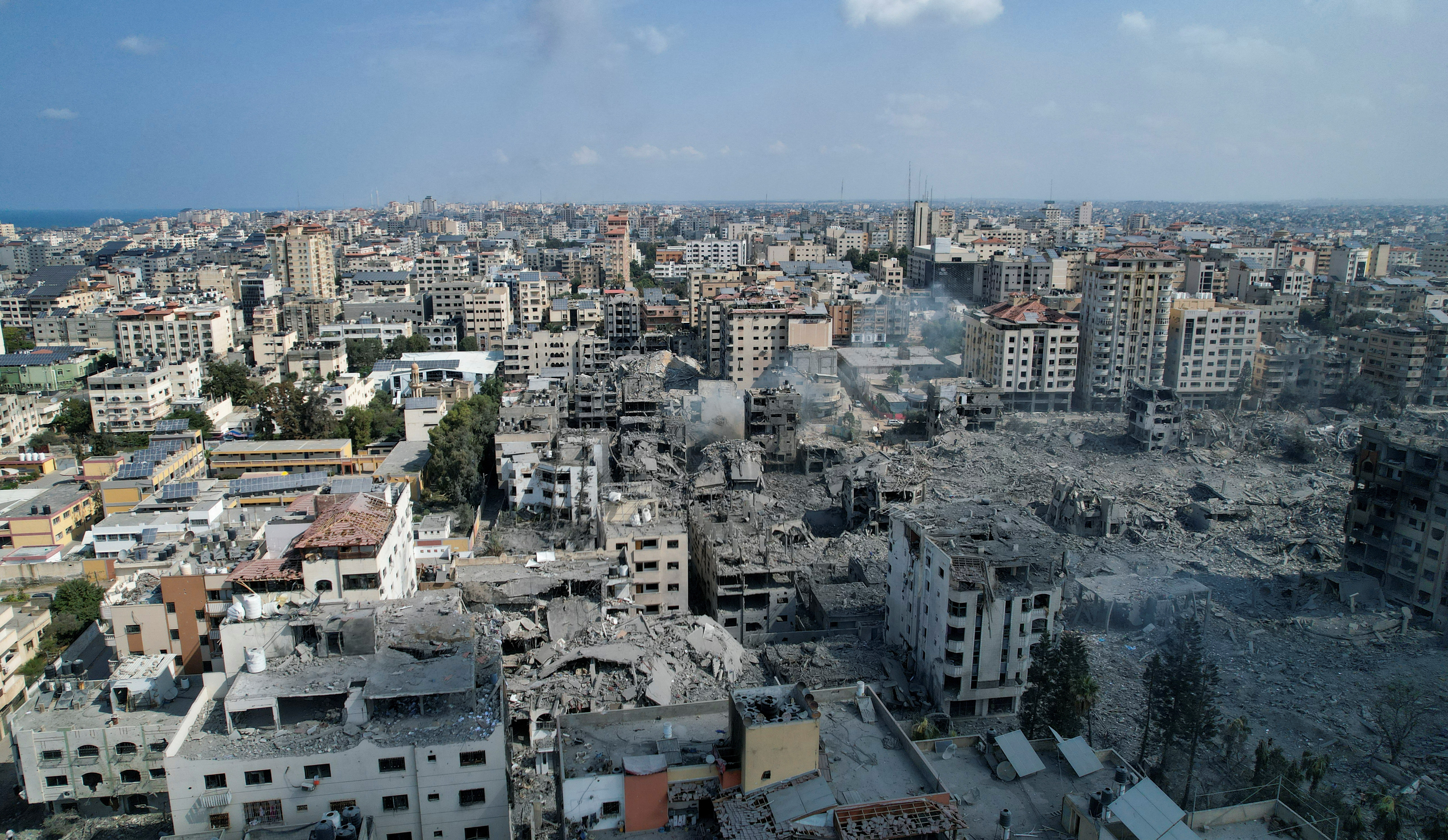 A view shows houses and buildings destroyed by Israeli strikes in Gaza City