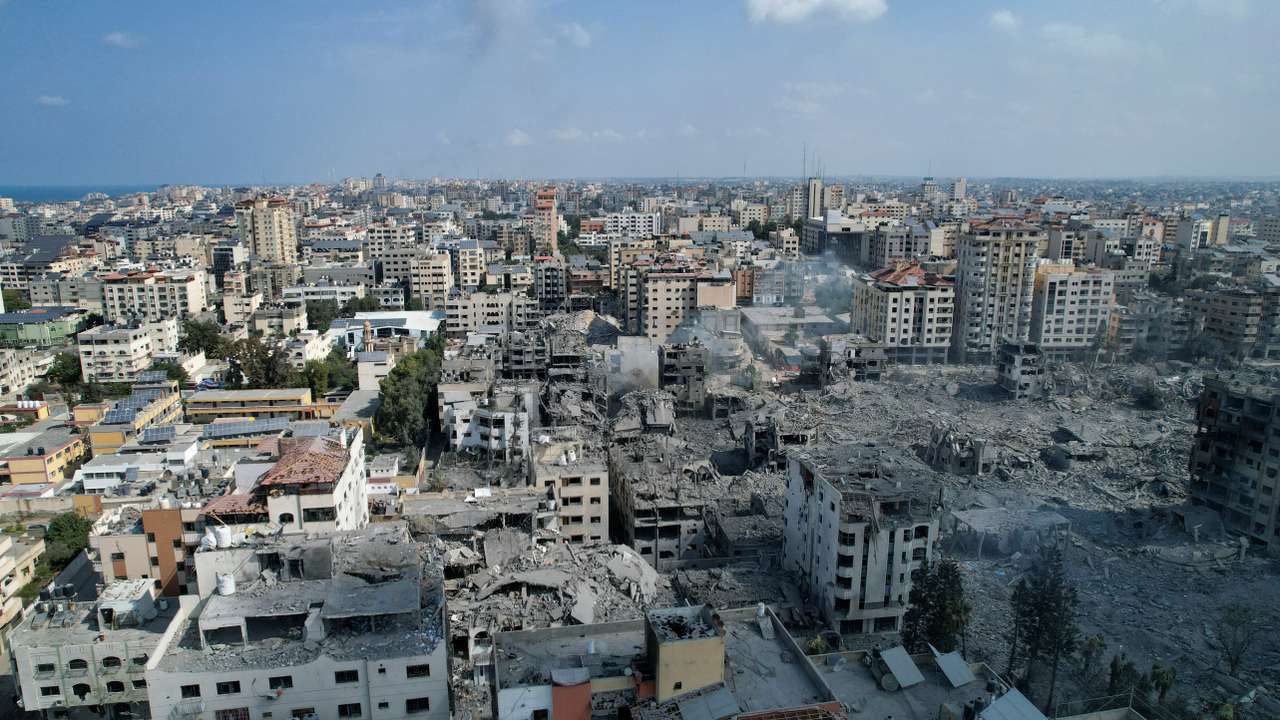 A view shows houses and buildings destroyed by Israeli strikes in Gaza City